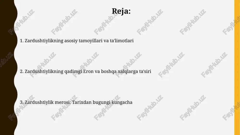 iy ravishda to'g'ri va haqiqatni o'ylashga undaydi, bu esa ularning axloqiy kamolotiga 30% hissa qo'shadi. “xayrli so'z” - bu yolg'on, haqorat va bo'htonlardan tiyilish, balki 40% ulush bilan birlashtiruvchi, ezgu maqsadlarga yo'naltirilgan so'zlarni aytishdir. oxirat va qiyomat kuni zardushtiylikda oxirat, tanalar tirilib, ruhlar hukm qilinadigan 3000 yillik davrning yakunidir, bunda yaxshilik yomonlik ustidan g'alaba qozonadi. qiyomat kunida, frashokereti deb ataladi, erigan metall daryosi barcha insoniyatni sinovdan o'tkazadi, solihlar zarar ko'rmay o'tadilar, gunohkorlar esa tozalanishadi. zardushtiylikning tarqalishi zardushtiylik miloddan avvalgi vi asrda ahamoniylar imperiyasining davlat dini sifatida keng tarqaldi, bu uning imperiya bo'ylab qabul qilinishiga va ta'sirining oshishiga yordam berdi. sosoniylar davrida (milodiy iii-vii asrlar) zardushtiylik eronning asosiy dini bo'lib qoldi va sharqda hindiston va xitoygacha bo'lgan hududlarga tarqaldi, savdo yo'llari orqali. zardushtiylikning ta'siri zardushtiylikning axloqiy ta'limotlari, xususan, yaxshi fikr, yaxshi so'z va yaxshi amal, qadimgi xalqlarning erta axloqiy kodekslariga katta ta'sir ko'rsatgan bo'lib, bu bugungi kunda ham 10 ta asosiy …
