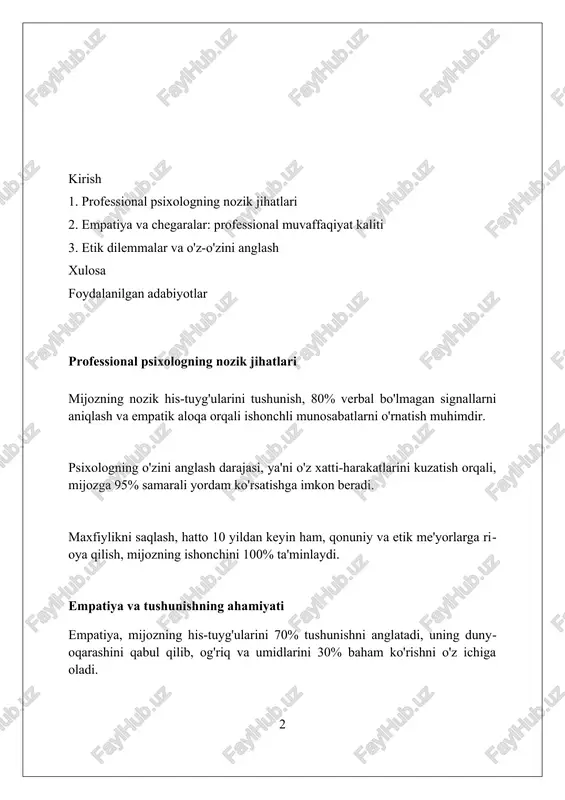 bu ishonchni mustahkamlaydi. professional psixolog, 2 tomonlama munosabatlardan qochishi shart, bu xolislikni buzadi. masalan, oila a'zolari yoki do'stlariga psixologik yordam ko'rsatish tavsiya etilmaydi. etik me'yorlar psixologning malakasini oshirishni talab etadi, muntazam superviziyalar va treninglar orqali. har 5 yilda litsenziyani yangilash malaka oshirish talabiga misol bo'la oladi. konfidensiallikni saqlash konfidensiallikni buzish 199-modda bo'yicha jinoiy javobgarlikka olib kelishi mumkin, shuningdek, litsenziyani bekor qilishga olib kelishi mumkin, bu esa professional faoliyat uchun jiddiy oqibatdir. agar mijoz o'ziga yoki boshqalarga jiddiy zarar yetkazish xavfi tug'dirsa, shifokor 72 soat davomida konfidensiallikni buzishi va tegishli organlarga xabar berishi mumkin. konfidensiallikni saqlash, axloq kodeksining 10.2 bandiga muvofiq, mijozning shaxsiy ma'lumotlarini himoya qilishni va uning ruxsatisiz hech kimga oshkor qilmaslikni anglatadi. madaniy sezgirlik va xilma-xillikni hurmat qilish madaniy sezgirlik 101-sonli dsm-5 diagnostika mezonlariga ta'sir qiladi, noto'g'ri tashxis qo'yishning oldini olish uchun 360 daraja kontekstni tushunish kerak. aqliy salomatlik amaliyotchilari xilma-xillikni hurmat qilishning 90 foizi madaniy farqlarni tushunish va …