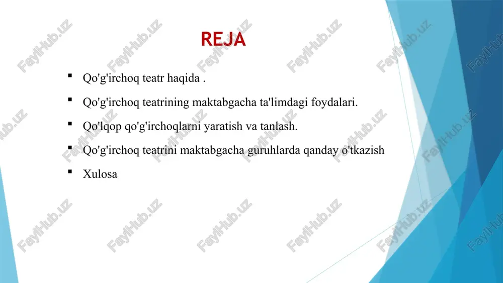 vlodga o'tib kelgan. 1939-yilda toshkentda davlat qo'g'irchoq teatrining tashkil etilishi bu san'at turining rivojlanishida muhim qadam bo'ldi. bugungi kunda milliy qo'g'irchoq teatri bolalar va kattalar uchun madaniy merosning ajralmas qismi bo'lib qolmoqda, u orqali qadimiy hikoyalar va qadriyatlar yetkaziladi. 6 qo'g'irchoq teatrining maktabgacha ta'limdagi foydalari 1 hissiy dunyoni boyitish qo'g'irchoq teatri bolalarda quvonch, qiziqish, hamdardlik kabi ijobiy his-tuyg'ularni uyg'otadi va ularning hissiy intellektini rivojlantiradi. 2 o'quv jarayoniga integratsiya teatr orqali o'rganish bolalar uchun yanada jozibali va samarali bo'ladi. ular yangi ma'lumotlarni oson o'zlashtiradilar va ularning xotirasi mustahkamlanadi. 3 hamkorlikni mustahkamlash qo'g'irchoq teatri ota-onalar, o'qituvchilar va bolalar o'rtasidagi o'zaro tushunish va hamkorlikni kuchaytiradi, oilaviy muhitni boyitadi. 7 qo'lqop qo'g'irchoqlarni yaratish va tanlash oddiy materiallardan foydalanish qo'lqop qo'g'irchoqlarini matolar, eski paypoqlar, jun, karton va tugmalar kabi mavjud materiallardan yasash mumkin. bu ijodiy jarayon bolalarda qo'l motorikasini rivojlantiradi. qahramon xarakterini berish har bir qo'g'irchoq o'ziga xos xarakterga ega bo'lishi kerak. bu qo'g'irchoqlarning ko'rinishi, …