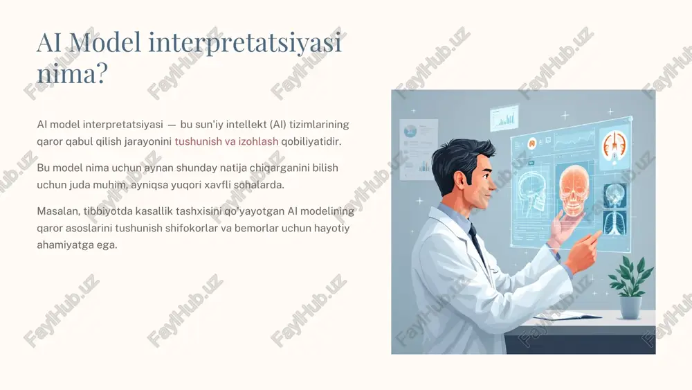 avishda rivojlanmoqda. so‘nggi tadqiqotlar xai ning federativ o‘rganish va etik aisohalarida qo‘llanilishini o‘rganmoqda, bu ai ning kelajakdagi rivojlanishi uchun muhimdir. xai ning sanoatdagi qo‘llanilishi 1 sog‘liqni saqlash tashxis va davolash qarorlarini tushuntirish, shifokorlarga yordam berish. 2 moliyaviy xizmatlar kredit baholash va firibgarlikni aniqlashda shaffoflikni oshirish. 3 siyosat va boshqaruv qarorlarni shaffof qilish va jamoat ishonchini oshirish. xai ning asosiy qiyinchiliklari • modelning murakkabligi va yuqori o‘lchovlilikxai ning eng katta qiyinchiliklaridan biridir. • interpretatsiya tushunarli bo'lishi kerak, lekin aniqlikni yo'qotmasligikerak, bu muvozanatni topish qiyin. • standartlashtirilgan metodlarning yetishmasligiturli ai modellar uchun izohlashni qiyinlashtiradi. • xai ning axloqiy va ijtimoiy masalalariham muhim, masalan, kim izohlash uchun javobgar bo'ladi? kelajak istiqbollari va xai rivojlanishi yangi algoritmlar va vositalar ai modellarni yanada samaraliroq tushuntirish uchun doimiy ravishda yangi texnologiyalarpaydo bo'lmoqda. inson va ai hamkorligi gibrid tushuntirish modellariinson tajribasi va ai qobiliyatlarini birlashtiradi. yanada ishonchli ai tizimlari xai yordamida ai tizimlari yanada adolatli va shaffofbo'lib …