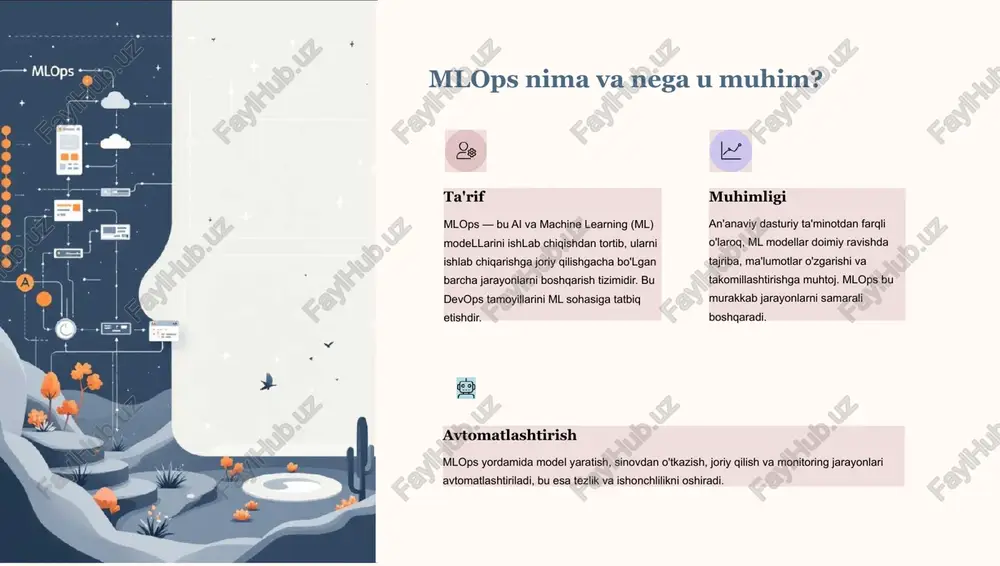 rparametrlarni optimallashtirish va avtomatlashtirilgan mashina o'rganish (automl) uchun vosita. • kserve (kfserving): moddellarni skalablanuvchan va ishonchli tarzda xizmatga joriy qilish. databricks lakehouse arxitekturasi va mlops mlops infratuzilmasi: katta hajmdagi ma’lumot va gpu resurslari ma'lumotlarni versiyalash modellar va ma'lumotlarni samarali boshqarish uchun kengaytirilgan saqlash tizimlari (masalan, minio) talab qilinadi. bu modelni qayta o'qitish va eksperimentlarni takrorlash imkonini beradi. gpu klasterlari chuqur o'rganish modellarini o'qitish uchun gpu klasterlari zarur. ular tarqatilgan o'qitishni qo'llab-quvvatlaydi va hisoblash jarayonlarini sezilarli darajada tezlashtiradi. ci/cd jarayonlari github actions, azure devops kabi ci/cd (uzluksiz integratsiya/uzluksiz yetkazib berish) vositalari yordamida ml modellarni avtomatik tarzda sinovdan o'tkazish va ishlab chiqarishga joylashtirish mumkin. mlops vositalari va ularning afzalliklari mlflow kubeflow modellarni kuzatish, versiyalash, paketlash va turli ai hayotiy siklini to'liq boshqarish uchun kubernetes ustida platformalarga xizmatga joriy qilish uchun keng ishlaydigan modullar to'plami. u notebooks, trainer, katib va qo'llaniladigan vosita. eksperimentlarni boshqarishda yordam kserve kabi komponentlarni o'z ichiga oladi. beradi. mlrun …
