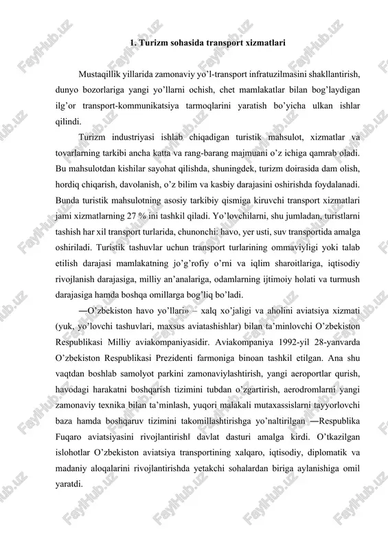 bekiston aviatsiya transportining xalqaro, iqtisodiy, diplomatik va madaniy aloqalarini rivojlantirishda yetakchi sohalardan biriga aylanishiga omil yaratdi. «o’zbekiston havo yo’llari» milliy aviakomapniyasi xalqaro aviatashuvlar bozorida o’zining munosib o’rniga ega. u o’z faoliyati davomida bir necha marotaba nufuzli mukofotlar: faol ishlari uchun «yevromarket – 2000» sovrini, xalqaro aviatsiya xavfsizligi jamg’armasi diplomi, xalqaro aeroportlar birlashmasi mukofotlariga sazovor bo’ldi. aviakompaniya amerika, yevropa, yaqin va o’rta sharq davlatlari, janubi-sharqiy va markaziy osiyo hamda mdhning 40 ortiq shaharlariga muntazam qatnovlarni amalga oshiradi. hozirgi kunda milliy aviakompaniyamiz tasarrufida 11 ta xalqaro aeroport mavjud bo’lib, ular quyidagilardan iborat: islom karimov nomidagi ―toshkent‖ xalqaro aeroporti, ―samarqand‖ xalqaro aeroporti, ―buxoro‖ xalqaro aeroporti, ―urganch‖ xalqaro aeroporti, ―navoiy‖ xalqaro aeroporti, ―namangan‖ xalqaro aeroporti, ―nukus‖ xalqaro aeroporti, ―termiz‖ xalqaro aeroporti, ―andijon‖ xalqaro aeroporti, ―farg’ona‖ xalqaro aeroporti va ―qarshi‖ xalqaro aeroporti. "o’zbekiston havo yo’llari" milliy aviakompaniyasi aviayo’lovchilarga 2018-yilning 1-yanvaridan barcha xalqaro aeroportlarda o’zbekiston respublikasi bojxona chegarasidan o’tish joylarida ikkita yo’lak tizimini ("yashil" va "qizil") …