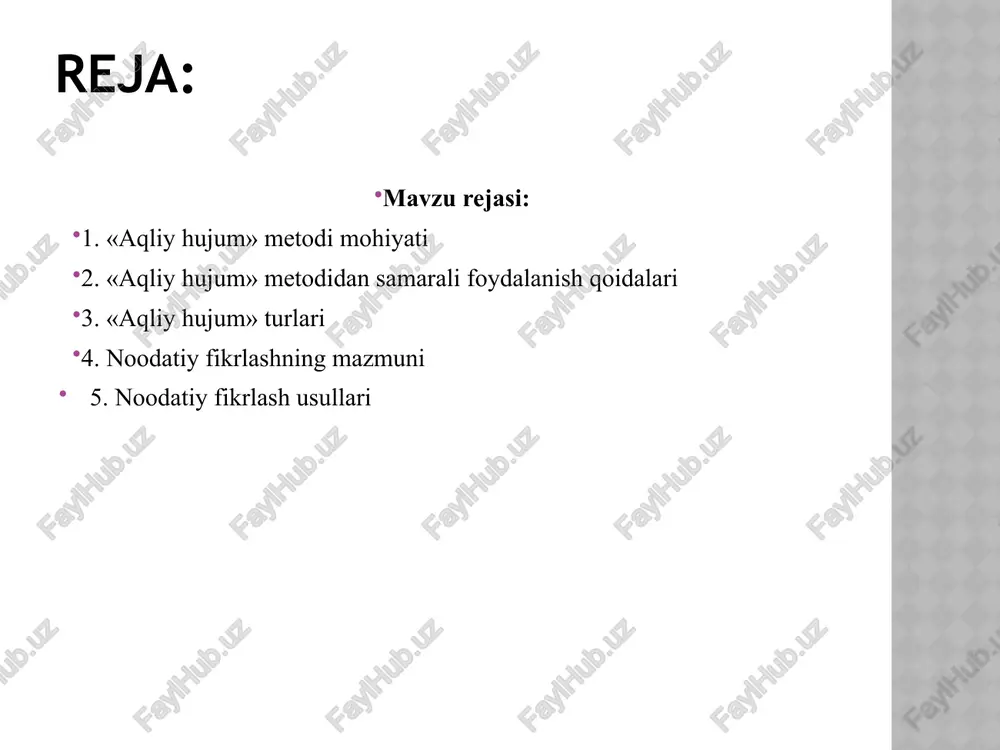 etilishiga erishiladi. abc aqliy hujumi (abc brainstorming) ushbu tur klassik aqliy hujumni qo‘shimcha qoida bilan to‘ldiradi, unda har bir mashg‘ulot buyurtma qilingan tartib asosida o‘tishi kerakligi aytiladi. abc alifboning har bir harfini harflardan biridan boshlangan mos keladigan g‘oyalarga berishga harakat qiladi. elektron aqliy hujum (electronic brainstorming) raqamli yo‘naltirilgan miya hujumi dasturiy ta‘minot yoki shunga o‘xshash muqobil platformalar bilan birgalikda eng yaxshi darajada ishlaydi. bunday dasturlar o‘z hamkasblarini birlashtirib, o‘zlarining g‘oyalarini qisqa postlar shaklida tezkor so‘rovlarga imkon beradi. qisqa vaqt ichida muddatlarni belgilashda ishchilar o‘z-o‘zidan reaksiya ko‘rsatishga majbur. miya yozuvi (brainwriting) klassik aqliy hujumdan farqli o‘laroq, miya yozuvi jamoaviy dinamizmga zarar yetkazish uchun shaxsiy g‘oyalarni yozishni va keyinchalik to‘plashni o‘z ichiga oladi. belgilangan vaqtdan so‘ng, tashkil etuvchi har bir kishi yozgan narsalarni to‘playdi va yozuvlar ko‘rib chiqiladi va baholanadi. bo’sh daftar usuli (blank notebook method) daftarlar aqliy hujumlar uchun juda mos keladi, ularni to‘liq bajarish uchun ancha vaqt talab etiladi. ushbu …