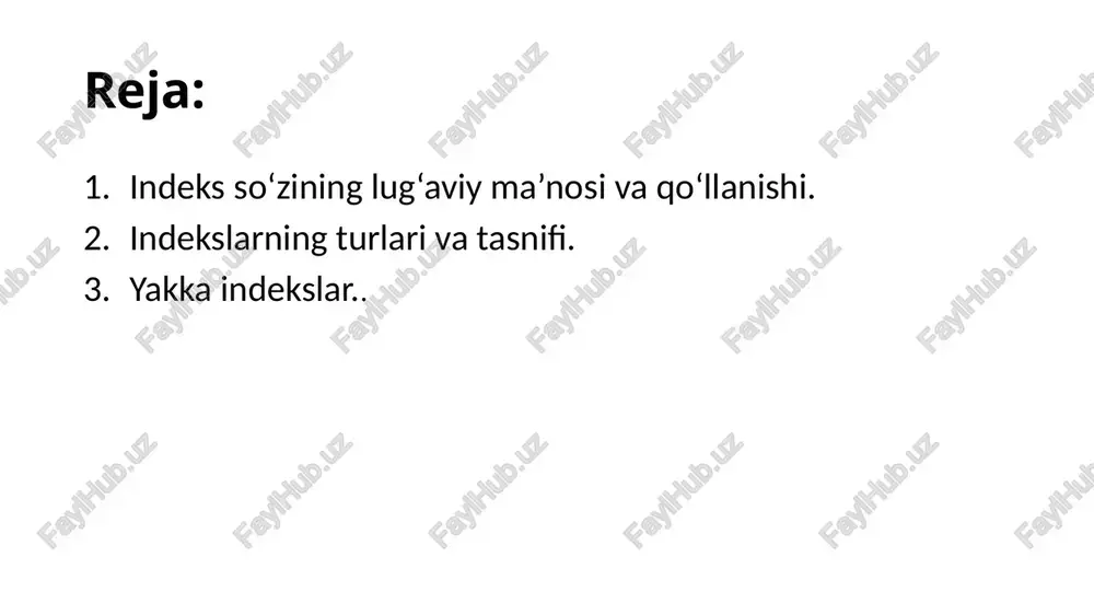 uchun, ya’ni turdosh mahsulotlarning hajmi qanday o‘zgarganligini bilish uchun taqqoslashdan oldin taqqoslanuvchi va taqqoslanadigan davrlarda mahsulot hajmi o‘zgarmas (bitta davr) baholarda hisoblaniladi, agar bahoning o‘zgarishini o‘lchamoqchi bo‘lsak, mahsulot miqdorining ta’sirini yo‘qotish kerak. bu indeks metodining o‘ziga xos xususiyatidir. 6 2. indekslarning turlari va tasnifi indeks metodi yordamida murakkab hodisalarning vaqt bo‘yicha va hududiy o‘zgarishi, reja va buyurtmalar bajarilishi o‘rganiladi. mana shu vazifalarga qarab indekslar quyidagi turlarga bo‘linadi: - dinamika indekslari; - hududiy indekslar; -reja yoki buyurtmalarning bajarilishi indekslari. 7 indeks metodi o‘rtacha ko‘rsatkichlarning o‘zgarishini o‘rganishda ham keng qo‘llaniladi. masalan, joriy davrda o‘tgan davrga nisbatan turdosh tovarlar uchun o‘rtacha baho o‘zgarishini o‘rganmoqchi bo‘lsak, joriy davrdagi o‘rtacha bahoni o‘tgan davrga bo‘lamiz. ma’lumki, o‘rtachalarni o‘zgarishiga faqat o‘rtalashtirilayotgan belgini o‘zgarishi emas, balki shu to‘plam tarkibining o‘zgarishi ham ta’sir qiladi. demak, o‘rtachaning o‘zgarishiga ikki omil ta’sir ko‘rsatadi. bu omillar ta’sirini baholash uchun statistikada o‘zgaruvchan va o‘zgarmas tarkibli hamda tarkibiy siljishlar indekslari hisoblanadi. 8 indekslar to‘plam …