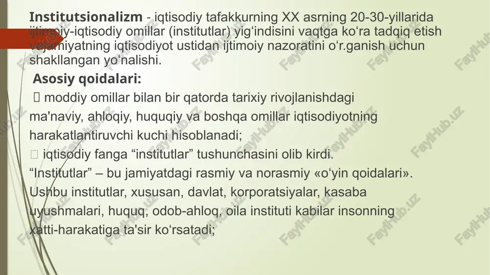 magan. e. erdvard institutlar – bu ko‘plab individuumlar ulardan hamma joyda va har kuni foydalanadigan va asosan o‘zining noyobligi bilan tavsiflanadigan ijtimoiy ne’matlar. institutlar almashuv jarayonini soddalashtiradi. ular – qarorlar qabul qilish jarayonining yakka tartibdagi qarorlarni ijobiy qarorlarga aylantiruvchi ajralmas qismi. j. xodjson institutlar – an’ana, urf-odat yoki qonunchilik cheklovi orqali uzoq muddatli va barqaror xulq-atvor namunalarining yaratilishiga olib keluvchi ijtimoiy tashkilot. b.z. milner institutlar – bu insonlar tomonidan ishlab chiqilgan cheklovlar hamda ularning o‘zaro hamkorligini tarkiblashtiruvchi majburlash omillari. bularning barchasi birgalikda jamiyat va iqtisodiyotning undovchi tarkibini hosil qiladi. umumiy tushuncha institut – bu jamiyat a’zolari o‘rtasidagi o‘zaro munosabatlarni belgilab beruvchi rasmiy qoidalar va norasmiy normalar tizimi. institutlar asosini uning tarkibiy qismlari hisoblangan normalar tashkil etadi. norma – institutsional muhitda individlarning o‘z tanlovini amalga oshirishda foydalaniladigan asosiy unsur hisoblanadi. ushbu unsur: tartibni saqlash funksiyasiga ega; o‘zaro hamkorliklar tizimida majburiy xatti-harakat bajarilishini talab etadi; shaxslar xatti-harakatidagi ijtimoiy, iqtisodiy, yuridik sanksiyaga tayanuvchi …