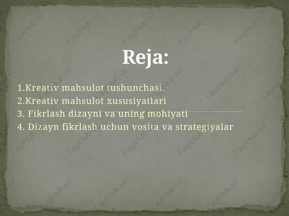 rlashtiradigan dizayn - maktabi asoschilari hisoblanadi. fikrlash dizayni - usuli olti bosqichi 1. empatiya. empatiya – o‘zini boshqa odamning o‘rniga qo‘yib ko‘rish va uning hissiyotlari, xohish-istaklari, g‘oyalari va harakatlarini tushunishga harakat qilish. 1. empatiya. empatiya – o‘zini boshqa odamning o‘rniga qo‘yib ko‘rish va uning hissiyotlari, xohish-istaklari, g‘oyalari va harakatlarini tushunishga harakat qilish. 2. fokuslashtirish to‘g‘ri yechim topishning yagona usuli – muammoni to‘g‘ri tushunishdir. 1. klasterlar: o‘xshash muammolar turlari muhokama qilinadigan guruhlarga ajratish. 2. shaxs-modellarga ajratish. 3. foydalanuvchilarning eng ahamiyatli aniq fikrlarini ko‘chirib olish. 3. g‘oyalar ishlab chiqish g‘oyalar ishlab chiqish bu – g‘oyalar va yechimlar ishda asosiy e’tibor qaratish lozim rejim. g‘oyalar ishlab chiqishning turli usullari quyidagilarga imkon beradi: yaqqol ko‘rinib turgan yechimlardan uzoqlashish (innovatsion salohiyatni oshirish); jamoaviy qarashlar va jamoaning kuchli tomonlaridan foydalanish; ilgari e’tibor berilmagan butun boshli sohalarni ochish; innovatsion yechimlar hajmi va turli-tumanligini ta'minlash; yaqqol ko‘rinib turgan yechimlarni olib tashlash va uzoqni ko‘ra bilish. 1. tanqidni istisno …