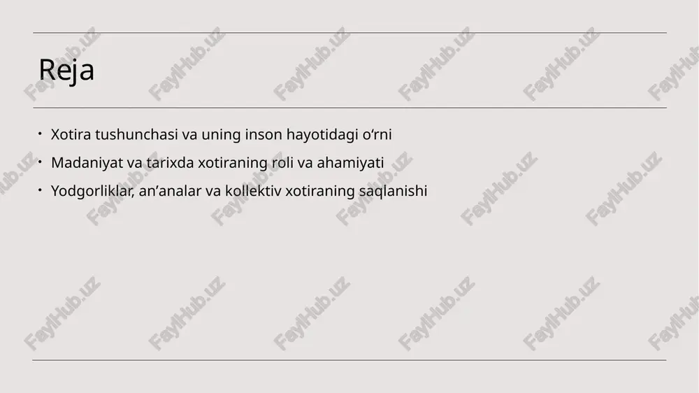 ladi. xotira va tarixiy yodgorliklar: madaniyat va tarixdagi xotiraning uzviyligi madaniy meros xotira va qadriyatlar zamonaviy usullar tarixiy yodgorliklar va madaniyat elementlari, avloddan-avlodga uzatiladigan kollektív xotiraning muhim qismidir. ular xalqning o‘zligini va tarixiy davomiyligini ta’minlaydi. madaniy va tarixiy yodgorliklar, xalqlarning qadriyatlari va anʼanalarini saqlashda muhim rol o‘ynaydi. ular milliy identitet va madaniyatning uzluksizligini mustahkamlashga yordam beradi. texnologiyalar yordamida yodgorliklar va tarixiy yodlar saqlanmoqda. bu usullar kollektív xotirani kengroq tarqatish va yosh avlodga etkazishda muhim ahamiyat kasb etadi. madaniyat va tarixda xotiraning shakllanishi va rivojlanishi madaniyat va tarixda xotiraning shakllanishi madaniyat va tarix davomida kollektiv xotira shakllanadi, xalq anʼanalari, urf-odatlar va yodgorliklar orqali avloddan-avlodga uzatiladi. tarixiy voqealar va yodgorliklar tarixiy joylar va yodgorliklar milliy identitetni mustahkamlashda muhim rol o‘ynaydi, ular xalqning tarixiy tajribasi va madaniyatining ajralmas qismi hisoblanadi. rivojlanish va o‘zgarishlar xotira va madaniyatning shakllanishi doimiy rivojlanishda bo‘lib, zamonaviy texnologiyalar va global aloqalar orqali kollektiv esdaliklar kengayib, kuchaymoqda. xotiraning madaniy merosni …