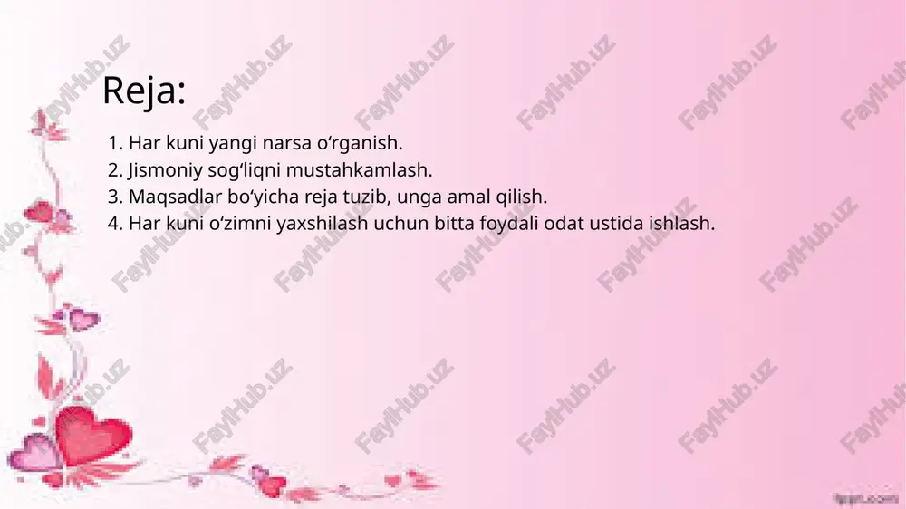 a o‘rganish insonda ijodkorlik va tashabbuskorlikni rivojlantiradi. har bir o‘rganilgan narsa yangi g‘oya tug‘ilishiga sabab bo‘lishi mumkin. ayniqsa, o‘z sohasi bilan bog‘liq yangi bilimlar olish professional rivojlanishga xizmat qiladi. ish beruvchilar ham o‘z ustida doim ishlaydigan, o‘zini yangilab boradigan xodimlarni qadrlaydi. 2. jismoniy sog‘liqni mustahkamlash. inson hayotida eng bebaho boyliklardan biri bu — sog‘liqdir. sog‘lom tana, sog‘lom fikr va sog‘lom ruh bir-biriga chambarchas bog‘liq bo‘lib, baxtli va sermazmun hayot kechirishda hal qiluvchi o‘rin tutadi. jismoniy sog‘liqni mustahkamlash esa faqatgina kasal bo‘lib qolganda emas, balki har kuni amalga oshirilishi kerak bo‘lgan muhim hayotiy odatdir. bugungi kunda turmush tarzining o‘zgarishi, stress, noto‘g‘ri ovqatlanish, jismoniy faollikning kamayishi kabi omillar ko‘plab sog‘liq muammolarini keltirib chiqarmoqda. shu sababli har bir inson o‘z jismoniy holatini nazorat qilish, sog‘lom turmush tarziga amal qilish va muntazam ravishda salomatligiga e’tibor qaratishi lozim. jismoniy sog‘liqni mustahkamlash birinchi navbatda jismoniy faollikdan boshlanadi. haftasiga kamida 150 daqiqa o‘rtacha jismoniy mashqlar bilan shug‘ullanish …