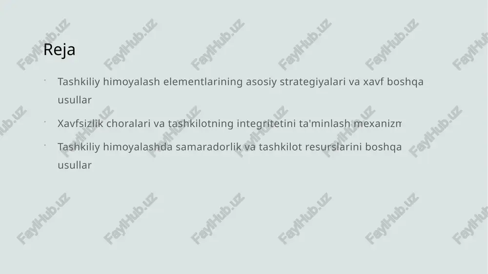 i tashkilotda xavfsizlik choralari uning ma'lumotlari va resurslarini himoya qilish uchun muhimdir. bu choralarga kirish nazorati, shifrlash va monitoring kiradi. 02 tashkilot xavfsizlik tizimlari xavfsizlik tizimlari texnologik va jarayonlarni o'z ichiga oladi. ular xavf-xatarlarga qarshi muhim himoya qatlamlarini tashkil etadi. 03 rivojlantirish mexanizmlari xavfsizlikni rivojlantirish uchun doimiy texnologik yangilanishlar, xavf tahlili va xodimlarni o'qitish muhim hisoblanadi. bu jarayonlar xavfsizlikni mustahkamlaydi. 04 yangi texnologiyalar raqamli texnologiyalar va sun'iy intellekt xavfsizlikni mustahkamlash uchun keng qo'llaniladi. ular xavf-xatarlarga tezkor javob berishga imkon yaratadi. resurslarni boshqarish orqali tashkilot himoyasining samaradorligini oshirish yolları 1 resurslarni taqsimlash effektiv resurs boshqaruvi tashkilotning xavfsizlik tizimlarini mustahkamlash uchun muhim. resurslar to‘g‘ri taqsimlanishi xavfni kamaytiradi va himoya choralarini kuchaytiradi. 2 boshqaruv va nazorat resurslarni samarali boshqarish uchun ilg‘or monitoring va nazorat usullari joriy etilishi zarur. bu xavf va zaifliklarni erta aniqlash va bartaraf etishda yordam beradi. 3 inson resurslari va texnologiya xavfsizlik uchun inson resurslari va zamonaviy texnologiyalar muhim. ularning …