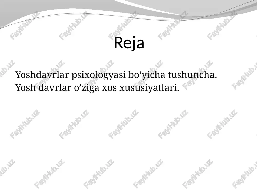 psixologiyasi ana shu vazifalarni hal qilish bilan amaliy maqsadlarni ro’yobga chiqaradi. ta’lim tarbiya ishlarini takomillashtirishga yordam beradi moddiy nematlar ishlab chiqarishning samaradorligini oshirishga, millatlararo munosabatlarni yaxshilashga, shaxslararo muloqotni to`g`ri yo`naltirishga, jamoada ijobiy psixologik iqlim yaratishga, uzoq umr ko’rish sirlarini ochishga, oilaviy munosabatlarni mutsahkamlashga ajralishlarning oldini olishga xizmat qiladi. turli yoshdagi odamlar (maktabgacha yoshdagi bolalar,maktab o`quvchilari, o’rta va oliy o’quv yurtlarining talabalari, ishchilar, hodimlar qariyalar har xil psixologik xususiyatlarga ega ekanligi sababli tarbiya, ishlab chiqarish, ijtimoiy taminot muassasalari, yetimxonalar, bolalar uyi, koloniyalar maxsus maktablar, internatlar, psixonevrologik dispanserlar, qariyalar uylari, shifoxonalar,va boshqa lar)ning xodimlarida extiyojlar ortib borayotgani va ularni o’rganish yosh davrlar psixologiyasi va diferintsial psixologiya fani dialektikani printsiplariga, oliy nerv faoliyati qonunlariga diferintsial psixofiziologiya qonuniyatlariga, psixologlar to’plangan materiallarga tayanib, inson psixikasining kechishi, rivojlanishi, o’zgarishi yuzasidan baxs yuritadi. ijtimoiy turmushning barcha jabxalaridagi amaliy masalalarni hal qilishda faol ishtirok etadi. image2.jpeg image3.jpeg image4.jpeg image5.jpeg image6.jpeg image7.jpeg image8.jpeg image9.jpeg image10.jpeg image11.jpeg image12.jpeg image13.jpeg image14.gif …