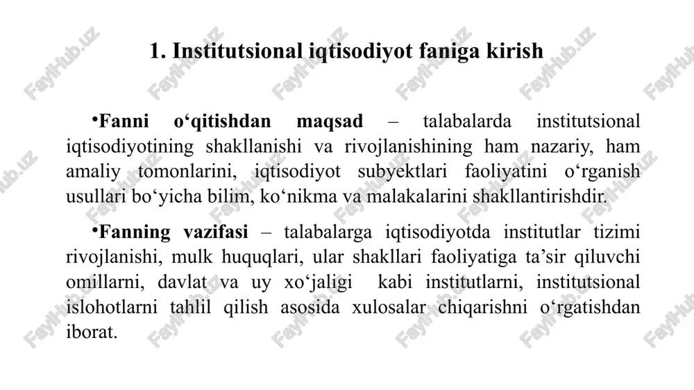 ari va amal qilish sohalari, oqibatlarini; institutlar faoliyatining rasmiy va norasmiy qoidalarini, institutsional islohotlar bosqichlarini; korporativ tizimlarini va ular guruhlarining o‘ziga xos xususiyatlari, ustunliklarini; xufyona iqtisodiyotning kelib chiqish sabablari va oqibatlarini bilishi kerak; iqtisodiyotda joriy etilgan institutlar tizimini, ularning faoliyatining rasmiy va norasmiy me’yorlarini taqqoslash; transaksiya xarajatlarini klassifikatsiyalash va ularning ko‘rsatkichlarini tahlil qilish; shartnoma (kontrakt) tarkibi va ularning asosiy ko‘rsatkichlarini baholash va tashkiliy tuzilmalarini tahlil qilish; davlat va firma faoliyatining rasmiy va norasmiy me’yorlarini shakllantirish bo‘yicha ko‘nikmalarga ega bo‘lishi lozim. 2. institutsional nazariyalarning paydo bo‘lishi va rivojlanishi tarixi amerikalik iqtisodchi ben seligmen institutsionalizmni «formalizmga qarshi g‘arayon», ya'ni iqtisodiy nazariyada nafaqat rasmiy modellarni va qat'iy mantiqiy qoidalarni, balki butun jonli hayotni aks ettirishga intilish sifatida tavsifladi. amerikalik iqtisodiy tafakkur tarixchisi robert l.xaylbronerning ta'kidlashicha, «nihoyat, iqtisodiy fan o‘zining avvalgi saltanati – ishlab chiqarish va taqsimlash saltanatining tor doirasidan tashqariga chiqdi va endi u o‘zining oilaviy munosabatlardan tortib to sportgacha, antropologiyadan tortib to …
