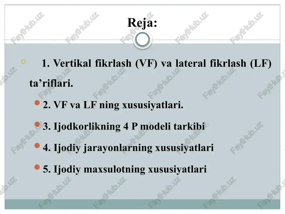yaxshi g’oya yaratish imkoniyatiga ega bo’lish uchun bunday yaxshi g’oyani topishga qiziqish bildiradi; hech qachon hukm qilinmaydi. qat’iylikni noto’g’ri deb hisoblaydi. lateral fikrlash ongning axborotlar bilan muomalasi bilan bevosita bog’liqdir; qadimgi g’oyalar, yangi g’oyalar va tushunchalarni yaratish turlarini o’zgartirish yoki konsepsiya qamoqxonalaridan chiqish bilan bog'liq kreativlik bilan chambarchas bog’liq. garchi ijodkorlik ko’pincha natija tavsifiga ega bo’lsa-da, lateral fikrlash jarayonning tavsifidir. ijodkorlik (kreativlik) nazariyalari turli omillarga e’tiborni qaratgan. dominant omillar 4p sifatida belgilanadi - shaxs, jarayon, mahsulot va bosim. 3 ijodkorlikning “4 p” modeli tarkibi. shaxs (person) jarayon (process) tayyorgarlik bosqichi aniq muammoni oldindan tahlil qilish, muammoni aniqlash va o’rnatish bilan bog’liq, ta’lim, analitik ko’nikmalar va muammoga oid bilimlarga asoslangan ongli ish; aql birlashmalar poyezdlarini shakllantirib, ongsiz ravishda muammo ustida ishlashni davom ettiradigan inkubatsiya bosqichi; yoritish bosqichiga umidvor g’oya to’satdan ma’rifat singari ongli ongni bosib o’tganda erishiladi, ammo bu tashqi bosqichdagi to’siqlar yoki paydo bo’layotgan g’oyani shoshilish orqali osongina bezovta qiladigan …
