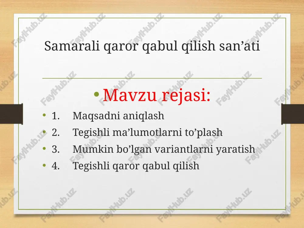 y oxshash odatiy turmush tarzingizdir. o'z ustida doim ishlab, qobiliyatlarini, bilimlarini rivojlantira olmaydigan odam o'rni yo'q odam deganidir. to liq mos bo'imasa niyat bo'lib qolaveradi. kelajak maqsadlaringizni belgilayotganingizda doim ushbu goidalarga diqgat qiling: zavqlanish. o'z oldingizga qo'ygan maqsadingizga erishganingizda,intilishlarimga, urinishlarimga, harakatlarimga yarasha arziydi, deyishingiz kerak.agar belgilagan maqsadingizga erishishingiz sizni xursand qilmasa, barcha qilgan xati - harakatingiz behuda ketgan bo'ladi. boshqalarga zavq beruvchi maqsadlar,sizga mos kelmasligi va sizni baxtli gilmasligi mumkin. o zingiz uchun belgilagan magsadga erishganingizda: «ha, men istaganim aynan shu edi», deya olishingiz kerak. ijodkor inson uning ijodidan har kim bahra olishini istaydi. aslida hayotning ham eng maza joyi shu - barcha hilar bir joyga tutashib, bir-birini achomlab, bir-biriga erib ketishi. insonga hayotda borligini bildirishday oliy missiya yo'q. hamkorlik. shasiy maqsadlaringizni belgilayotganingizda, o'shamaqsadingizga erishish yo'lida yoningizdagi sheriklarning fikrlarini hisobgaalmsangiz, ulani o'z magsadingizga hamkor qilmasangiz muvaffaqiyatsizikka uchingsiz. masalan, nafagaga chiganimdan key in tabiat qo'ynida yashayman, tog'- aditar bag riga joylashaman, …
