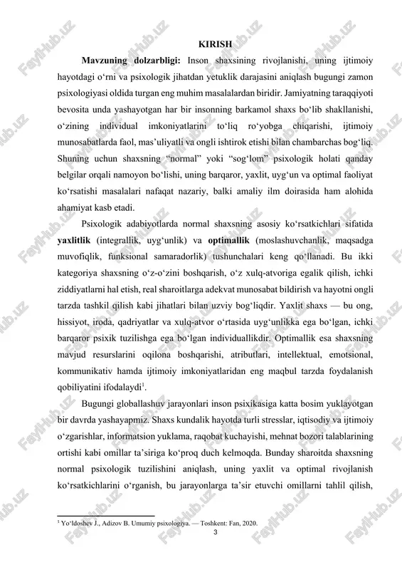 tual, emotsional, kommunikativ hamda ijtimoiy imkoniyatlaridan eng maqbul tarzda foydalanish qobiliyatini ifodalaydi[footnoteref:1]. [1: yo‘ldoshev j., adizov b. umumiy psixologiya. — toshkent: fan, 2020.] bugungi globallashuv jarayonlari inson psixikasiga katta bosim yuklayotgan bir davrda yashayapmiz. shaxs kundalik hayotda turli stresslar, iqtisodiy va ijtimoiy o‘zgarishlar, informatsion yuklama, raqobat kuchayishi, mehnat bozori talablarining ortishi kabi omillar ta’siriga ko‘proq duch kelmoqda. bunday sharoitda shaxsning normal psixologik tuzilishini aniqlash, uning yaxlit va optimal rivojlanish ko‘rsatkichlarini o‘rganish, bu jarayonlarga ta’sir etuvchi omillarni tahlil qilish, jamiyatda psixologik barqarorlikni oshirish masalalari nihoyatda dolzarb bo‘lib bormoqda. yaxlitlik tushunchasi psixologiya fanida shaxsning barcha psixik sifatlarining uyg‘unlashgan yagona tizim sifatida faoliyat ko‘rsatishi degan ma’noni anglatadi. ya’ni inson o‘z fikrlari, emotsiyalari, motivlari, qadriyatlari va xulq-atvorini o‘zaro mos tarzda boshqara olganda, uning shaxsiy yaxlitligi shakllanadi. yaxlit shaxsda ichki ziddiyatlar kam bo‘ladi, qaror qabul qilish jarayoni aniq, hayot strategiyasi ravshan, o‘z-o‘ziga bahosi real bo‘ladi, stresslarga chidamlilik yuqori bo‘ladi. shuningdek, bunday shaxs boshqalar bilan muloqotda …