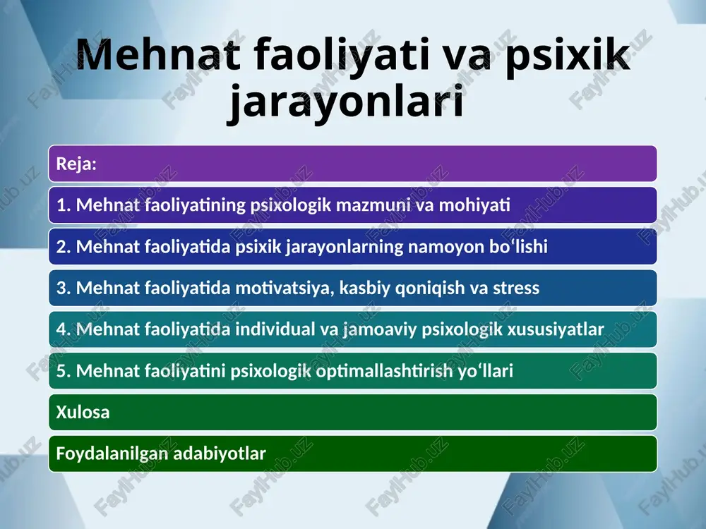 digan texnik vositalar, bilimlar va malakalar. amal va harakatlar — mehnat jarayonining real bajarilish shakli. nazorat va tahlil — shaxs o‘z faoliyatini baholaydi, natijani tahlil qiladi. demak, mehnat faqat jismoniy ish emas, balki murakkab psixik faoliyatdir. unda idrok, tafakkur, diqqat, xotira, hissiyot, iroda kabi jarayonlar faol qatnashadi. mehnat va ong o‘rtasidagi bog‘liqlik inson ongi mehnat jarayonida shakllanadi va rivojlanadi. ong mehnat jarayonida tahlil qiladi, rejalashtiradi, nazorat qiladi va xulosa chiqaradi. bu jarayonlarda inson atrof-muhitni anglaydi, o‘z faoliyatini ijtimoiy maqsad bilan bog‘laydi. shu sababli, mehnat faqat moddiy emas, balki ruhiy va ijtimoiy hodisa hamdir. mehnatning ijtimoiy-psixologik mohiyati har bir inson mehnat faoliyatida jamiyat bilan bevosita aloqada bo‘ladi. ish joyida u jamoa a’zosi sifatida o‘z o‘rni va vazifasini bajaradi. jamoa ichida o‘zaro muloqot, hamkorlik, mas’uliyat, raqobat, ijtimoiy baholash jarayonlari kechadi. bu esa shaxsning ijtimoiy motivlarini, ya’ni obro‘, hurmat, tan olinishi kabi ehtiyojlarini qondiradi. mehnat psixologiyasida motivatsiya muhim o‘rin tutadi. agar inson o‘z …