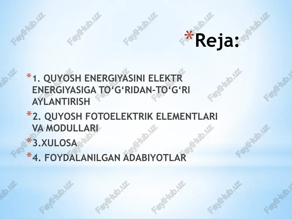 tabiatiga bog‘liq: bunda α – metallning termo eyk koeffitsiyenti. uchlari o‘zaro payvandlangan ikkita har xil metalldan yasalgan asbobga termopara yoki termoelement deb ataladi. termoelement kavsharlangan uchi temperaturasi o‘lchanuvchi moddaga va ikkinchi – sovuq uchlari o‘lchov asbobga ulanadi. bir necha termoelementlardan tuzilgan sistemaga termobatareya deb ataladi. 1908-yilda moskva universiteti proffessori v.serasskiy 100 ta termoelementdan iborat bo‘lgan quyosh batareyasini yaratdi. bu batareya oynaband yashik ichiga joylashgan bo‘lib, elektr qo‘ng‘irog‘ini tok bilan ta’minlab turadi. asrimiznng 30-yillarida akademik a.f.ioffe termogeneratordan quyosh energiyasini elektr energiyasiga aylantirish masalasini taklif etgan bo‘lsa, 1941-yilga kelib u shunday termogeneratorni ishlab chiqdi. quyosh termoelektrogeneratorlari asosan quyosh konsentratori va termobatareyalardan tashkil topgan. 1956-yilda g.m.krjijanovskiy nomidagi energe­tika instituti xodimlari diametri 2m bo‘lgan ko‘zgu fokusiga termogenerator o‘rnatib, issiq va sovuq payvandlar orasidagi temperaturalar farqi 400°s bo‘lganda 21v kuchlanish ostida 18,9 vt quvvat olishga muyassar bo‘ldilar. termogenerator fik 2% ga yaqin. bunga sabab elementlarni o‘zaro ulash sistemasi yaxshi ishlanmaganidir. keyinchalik y.malevskiy va a.oxotinlar termogenerator …