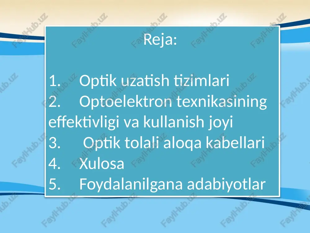 r uzatilsa ikkinchi nur uzatgich tola bo‘ylab ma’lumotlar qabul qilinadi. hozirgi paytda optik tolali aloqa liniyalarida plezioxron va sinxron raqamli ierarxiya asosida ishlaydigan (pdh va sdh) raqamli aloqa uzatish tizimlari qo‘llanmoqda. plezioxron raqamli ierarxiya asosida ikm ─30, ikm─120. ikm─480, ikm─1920 kabi aloqa uzatish tizimlari qo‘llansa, sinxron raqamli ierarxiya (sdh) asosida asosan stm-1, stm-4, stm-16, stm-64 va stm-256 kabi transport modullari qo‘llanmoqda. impuls kodli modulyasiya optik - tolali aloqa uzatish tizimining prinsipial strukturaviy sxemasi keltirilgan. bu sxemaning asosini optik tolali aloqa kabeli ─ ok va tizimning boshida optik uzatgich (ou) hamda tizim oxirida optik qabul qilgich (okk) egallaydi. tizim sxemasidagi optik uzatgich elektr signalni optik signalga o‘zgartirib beruvchi uzgartirgichdan iboratdir. elektron─optik o‘zgartirgich (eoo‘) vazifasini odatda yarim o‘tkazgichli lazer (yao‘l) va yorug‘lik nurlantiruvchi diod (yond) kabi elektron qurilma bajaradi. qabul qiluvchi tomondagi kodli elektron ─modulyator (kem) vazifasini bajarishda opto─elektron uzgartirgich (oeo‘) qurilmasida odatda yarim o‘tkazgichli fotodiod (fd) bajaradi. otal regeneratorining strukturaviy sxemasi. …