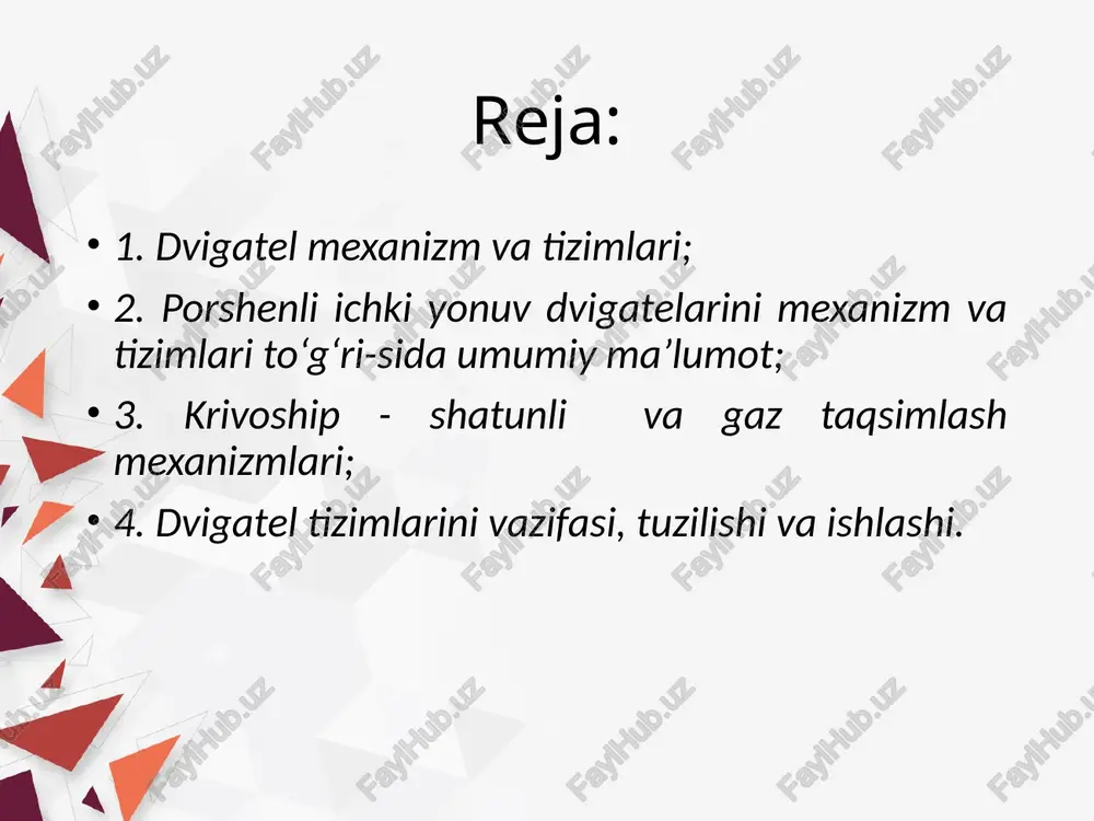 n qolgan gazlar yangi kirgan yonuvchi aralashmaga aralashadi. qoldik gazlar aralashgan yonuvchi aralashma ishchi aralashma deyiladi. kiritish taktida silindrdagi bosim 0,07…0,09 mpa,ishchi aralashmaning temperaturasi 330…390 k bo‘ladi. siqish taktida ishchi aralashma yonishga tayyorlanadi. porshen pchn dan yu.ch.n. ga siljiganda silindr ichiga kirgan ishchi aralashmani siqadi. kiritish va klapanlari yopiq bo‘lganligi sababli aralashmaning xajmi kengayib, silindrdagi bosim va temperatura ko‘tarila boshlaydi. dvigatelning siqish darajasiga qarab aralashma hajmi kamayadi. siqish taktining oxirida bosim 0,9…1,2 mpa, temperaturasi 500…700 k bo‘ladi. kengayish takti. yongan aralashmaning issiqlik energiyasi mexanik ishga aylantiriladi. bu paytda kiritish va chiqarish teshiklari klapanlar bilan yopilgan bo‘ladi. gazlar kengayib porshenni pastga bosadi. porshenni harakati shatun 3 yordamida tirsakli valga uzatilib uni aylantirishga majbur qiladi.kengayish taktini oxiridagi bosim 0,3…0,4mpa, temperaturasi 1200…1500k bo‘ladi. chiqarish takti silindrlar ishlatilgan gazlardan tozalanadi. porshen p.ch.n. dan yu.ch.n. ga siljib, ishlatilgan gazlar chiqarish teshigidan truba orqali atmosferaga chiqariladi. chiqarish taktining oxirida gazning bosimi 0,11…0,12mpa, temperaturasi esa 700-1100 k …