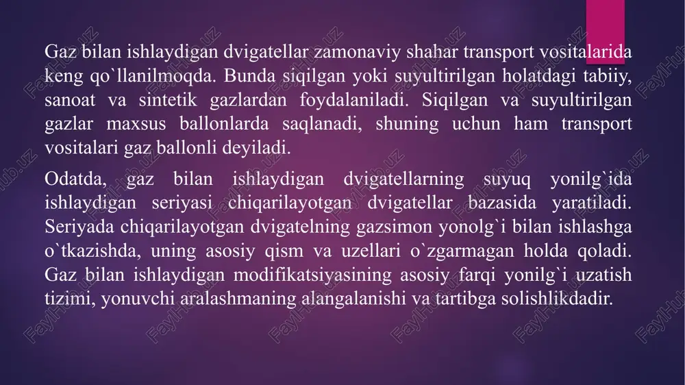 a, ham gazda ishlash imkoniyati saqlanib qoladi. shu bilan birga benzinda dvigatel to’la quvvatga erishsa, gazda esa quvvat biroz pasayadi. ikkinchi usulda karbyurator dvigateldan gazsimon yonilg’ida to’la quvvatga erishuvchi maxsus gaz dvigateli yaratiladi. bunday dvigatellar siqish darajasini yuqorilatganligi va gaz aralashtirgich o’rnatilishi tufayli samaradorlik ko’rsatkichlari ancha yaxshilanadi. suyultirilgan gaz bilan ishlaydigan qurilmalarda gazni bug’simon holatga o’tishi maxsus issiqlik almashtirgichda, ya’ni bug’latgichda sodir bo’ladi. suyultirilgan gaz qurilmasning o’ziga hosligi, undagi ish bosimi ballondagi gaz miqdoriga bog’liq bo’lmay, balki gaz , siqilgan gaz qurilmasidan farqli ravishda, ballondagi suyultirilgan gaz miqdorini aniqlash uchun aralashmasining komponent tarkibi va atrof-muhit haroratiga bog’liqligidadir. suyultirilgan gaz qurilmasidamaxsus sath ko’rsatkich o’rnatilishi lozim bo’ladi. etiboringiz uchun rahmat. image6.jpeg image7.jpeg image8.jpeg image9.jpeg image10.jpeg image11.jpeg image2.png image3.png image4.png image5.png /docprops/thumbnail.jpeg