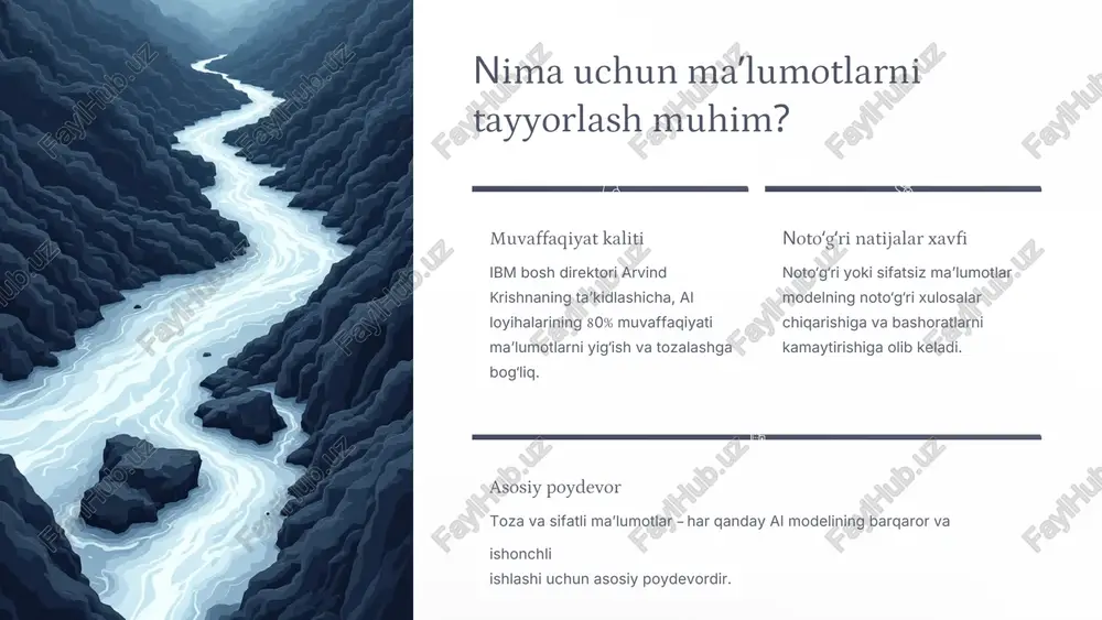 *-**-1234") • pseudonimlashtirish:shaxsiy identifikatorlarni soxta identifikatorlar bilan almashtirish • umumlashtirish:ma’lumotlarni kengroq guruhlarga kiritish (masalan, aniq yosh o‘rniga yosh oralig‘i) maxfiylikni buzmasdan tadqiqot va trening uchun ma’lumotlarni tayyorlash juda zarur. bu nafaqat qonuniy talab, balki foydalanuvchilar ishonchini saqlash uchun ham muhim. ma’lumotlar buzilishining narxi ibm hisobotiga ko‘ra, 2024-yilda ma’lumotlar buzilishining o‘rtacha narxi 4,88 million dollarni tashkil etgan. bu esa maxfiylikni ta’minlashning ahamiyatini ko‘rsatadi. ma’lumotlar sifati va xilma-xilligi tarafkashlikni kamaytirish model tarafkashligini (bias) kamaytirish uchun turli manbalardan va xilma-xil (diversifikatsiyalangan) ma’lumotlar to‘plash lozim. o‘zbek tilidagi manbalar o‘zbekiston tilidagi yangiliklar saytlari, bloglar, ijtimoiy tarmoqlar matnlari va forumlar –ai modellari uchun boy ma’lumot manbalaridir. aniqlik va adolat katta va xilma-xil ma’lumotlar to‘plami modelning yanada aniq, ishonchli va adolatli natijalar berishini ta’minlaydi. zamonaviy vositalar va avtomatlashtirish 1 solix ecs platformasi tuzilmagan ma’lumotlarni avtomatik yig‘ish, tozalash va boshqarish imkoniyatini beradi. 2 lingvanex anonimlashtirish maxfiylikni saqlagan holda shaxsiy ma’lumotlarni tayyorlash uchun mo‘ljallangan vosita. 3 hugging face datasetlar …