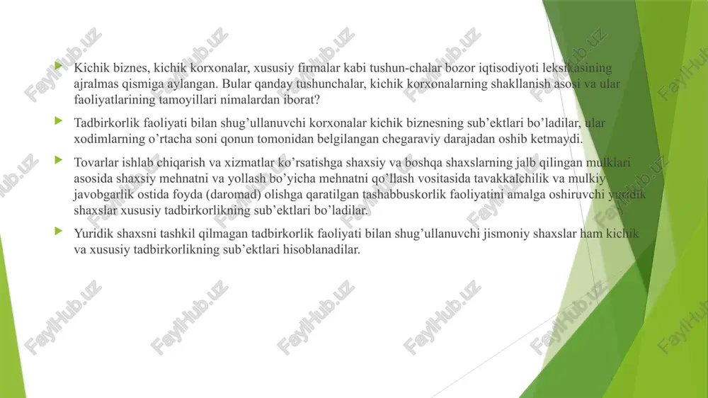 larni hal etish yo‘llari 1. moliyaviy qo‘llab-quvvatlashni kuchaytirish kichik biznes uchun imtiyozli kreditlar ajratish; xususiy investitsiyalar va grantlar tizimini kengaytirish; mikromoliyalash va lizing tizimini rivojlantirish. 2. soliq siyosatini soddalashtirish yangi boshlovchi tadbirkorlar uchun soliq imtiyozlari; elektron soliq hisobot tizimini joriy etish. 3. innovatsion rivojlanishni rag‘batlantirish innovatsion markazlar va texnoparklar tashkil etish; startap loyihalarni moliyalashtirishni kuchaytirish. 4. kadrlar salohiyatini oshirish kasb-hunar kollejlari va oliy ta’limda tadbirkorlik fanlarini rivojlantirish; tadbirkorlar uchun trening va konsultatsiya markazlari ochish. 5. bozor infratuzilmasini yaxshilash mahsulotlarni eksportga chiqarish uchun qo‘llab-quvvatlash dasturlari; transport va logistika xizmatlarini rivojlantirish. o‘zbekiston tajribasi va istiqbollari o‘zbekistonda “kichik biznesni qo‘llab-quvvatlash jamg‘armasi”, “yosh tadbirkorlar dasturi”, “biznes-inkubatorlar” orqali kichik korxonalarga yordam berilmoqda. 2022–2026-yillar uchun yangi o‘zbekiston taraqqiyot strategiyasida kichik va o‘rta biznesni iqtisodiyotning tayanch sektori sifatida rivojlantirish belgilangan. 2025-yilgacha koblar ulushini yimda 60% gacha oshirish rejalashtirilgan. image1.jpeg image2.jpeg /docprops/thumbnail.jpeg