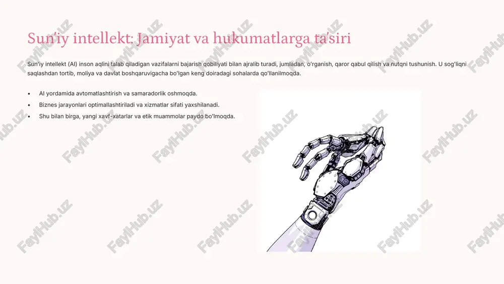 ir qilganda, faqat ai natijasiga tayanmaslik va inson aralashuvini taʼminlash zarur. ai texnologiyalarining xavf- xatar misollari ai ning notoʻgʻri yoki zararli qoʻllanilishi jiddiy oqibatlarga olib kelishi mumkin. • dezinformatsiya va feyk kontent:2023-2024 yillarda oʻzbekistonda ai yordamida yaratilgan soxta audio, video va fotosuratlar 50 barobar koʻpaydi. bu jamiyatda notoʻgʻri axborot tarqalishiga sabab boʻlmoqda. • bioterrorizm xavfi:ai yordamida biologik qurollar yaratish uchun yoʻriqnomalar ishlab chiqilishi ehtimoli olimlar orasida jiddiy tashvish uygʻotmoqda. • ijtimoiy radikalizatsiya:ijtimoiy tarmoqlardagi ai algoritmlari ekstremistik kontentni kuchaytirib, radikalizatsiyaga olib kelishi mumkin. global regulyatsiya yondashuvlari turli mamlakatlar ai ni tartibga solish boʻyicha oʻziga xos yondashuvlarni ishlab chiqmoqda. yevropa ittifoqi ai qonunlari qabul qilingan va "investai" loyihasi doirasida €200 mlrd investitsiya kiritish rejalashtirilgan. aqsh ai rivojlanishini ragʻbatlantirish uchun baʼzi cheklovlarni olib tashlash va innovatsiyalarni qoʻllab-quvvatlashga urgʻu beriladi. xitoy ai yordamida yaratilgan axborotlarni majburiy belgilash tizimi joriy etilgan va qattiq nazorat amalga oshiriladi. markaziy osiyo zeng (2024) tomonidan mintaqaviy etik ai tamoyillari …