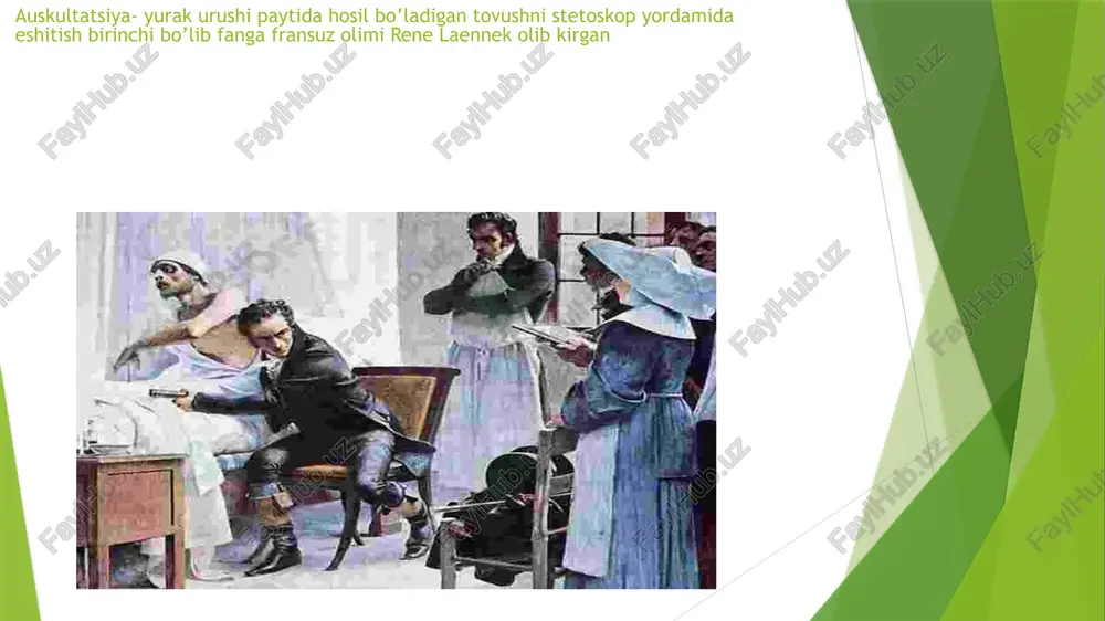 barcha tonlar susayadi, perikarditda tovushlar xira bo’ladi. 3. tonlarning yo’qolishi: yurak to’xtashiga yaqin, og’ir yurak yetishmovchiligi, miokard infarktida ham tonlar umuman eshitilmay qoishi mumkin. 4. tonlarning bo’linishi: o’ng va chap qorinchalar qisqarishi bir vaqtda bo’lmasligi o’pka gipertenziyasida, yurak yetishmovchiligi va odatda chuqur nafas olganda ham farq paydo bo’lishi mumkin. 5. qo’shimcha tonlarning paydo bo’lishi: odatdagi 1 chi va 2 chi tonlardan tashqar 3 chi va 4 chi tonlarning paydo bo’lib qolishi(ritm galopa-3 chi ton eshitiladi va yurak yeishmovchiligidan darak beradi), kelib chiqish sabablari esa yurak yetishmovchiligi, miokardit, gipertenziya. 6.metal ohangli tonlar: tonlar metalga o’xshab baland jiinglovchi tovush chiqaradi(pnevmotoraks, yurak va stetaskop orasidagi biron to’siq havo yoki suyuqlik tovushni aks sadoli qilib kuchaytirib yuborishi) 7. ritmlarning o’zgarishi: ritmik o‘zgarish turi auskultatsiyada eshitilishi ehtimoliy sabab yoki kasallik ekstrasistoliya erta ton paydo bo‘lib, keyin uzun pauza kuzatiladi yurak o‘tkazuvchi tizimi buzilishi, miokardit, stress, elektrolit buzilishi aritmik tonlar tonlar notekis, bir maromda emas sinus …