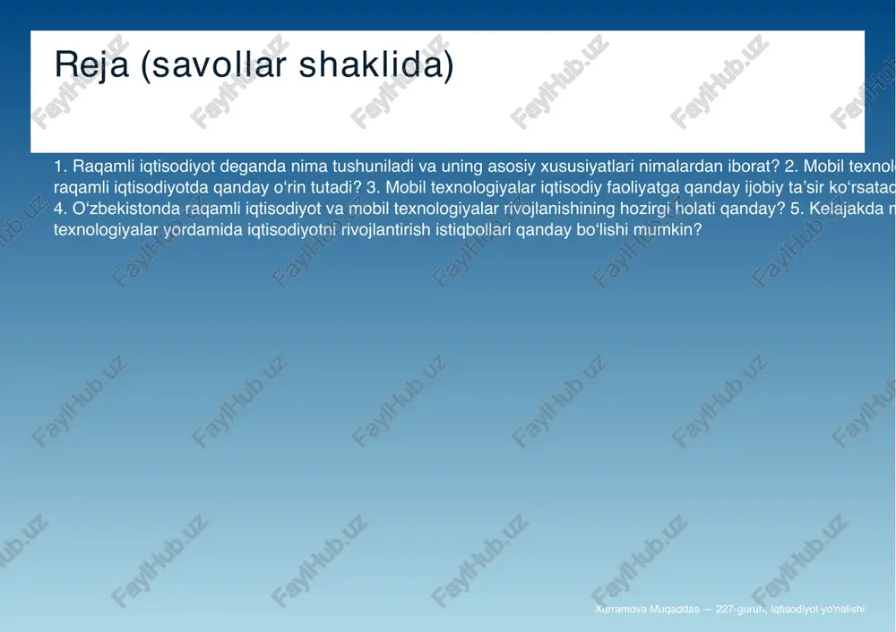 tisodiyotni tezlashtiradi. bulut, ma■lumot markazlari va kiberxavfsizlik muhim. xurramova muqaddas — 227-guruh, iqtisodiyot yo'nalishi fintech va mobil to‘lovlar mobil banking va elektron hamyonlar iqtisodiy tranzaktsiyalarni osonlashtiradi. kichik biznes va mijozlar uchun to‘lovlarni soddalashtirish. xurramova muqaddas — 227-guruh, iqtisodiyot yo'nalishi m-commerce va chakana savdo mobil savdo kanallari savdo hajmini oshiradi. omnichannel strategiyalar va mijozlarni ushlab qolish. xurramova muqaddas — 227-guruh, iqtisodiyot yo'nalishi mobil ilovalar va xizmatlar ilovalar yordamida xizmatlar avtomatlashtiriladi. api va platformalar bizneslarni integratsiyalashga yordam beradi. xurramova muqaddas — 227-guruh, iqtisodiyot yo'nalishi iot va mobil qurilmalar iot qurilmalari orqali real vaqt ma■lumotlar olinadi. sanoat va qishloq xo‘jaligida avtomatlashtirish imkoniyati. xurramova muqaddas — 227-guruh, iqtisodiyot yo'nalishi big data va analitika mobil qurilmalardan kelgan ma■lumotlar biznes qarorlarni yaxshilaydi. ma■lumotlarni himoya qilish va maxfiylik muhim. xurramova muqaddas — 227-guruh, iqtisodiyot yo'nalishi kiberxavfsizlik va maxfiylik mobil platformalarda ma■lumotlar himoyasi zarur. hukumat va kompaniyalar regulyator talablariga rioya qilishi kerak. xurramova muqaddas — 227-guruh, iqtisodiyot yo'nalishi …