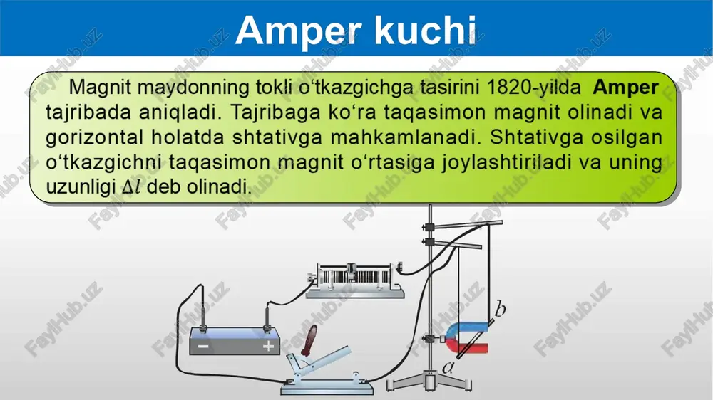 aydi. natijada o‘tkazgichlar bir-biridan itarilib, orasidagi ma’sofa uzoqlashadi. tokli o‘tkazgichlarning o‘zaro ta’siri agar o‘tkazgichlarni parallel ulasak, ya’ni ulardan bir xil yo‘nalishda tok o‘tganda, o‘tkazgichlar bir-biriga tortiladi. tokli o‘tkazgichlarning o‘zaro ta’siri qarama-qarshi yo‘nalishda toklar o‘tayotganda o‘tkazgichlar o‘zaro itarishadi, bir xil yo‘nalishda toklar o‘tayotgan o‘tkazgichlar o‘zaro tortishadi. tokli o‘tkazgichlarning o‘zaro ta’siri tok kuchining birligini quyidagicha ta’riflaydi: tok kuchining birligi qilib shunday tok kuchi qabul qilinadiki, bu tok ta’sirida uzunligi bo‘lgan parallel o‘tkazgichlar o‘zaro kuch bilan ta’sirlashadi. e’tiboringiz uchun rahmat image3.png image4.png image5.png image6.jpeg image7.png image8.jpeg image9.png image10.png image11.png image12.png image13.png image14.jpeg image15.jpeg image16.png image18.png image19.png image21.png image23.png image2.png /docprops/thumbnail.jpeg