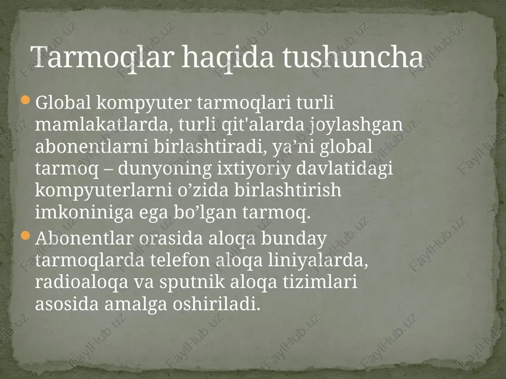 h – tegishli manzildagi axborotni saralash demakdir. kompyuter tarmoqlari server (yoki xizmatchi kompyuter), konsentrator (hub), axborot uzatish kabellari va modemdan tashkil topadi. server – tarmoq ishini ta’minlovchi maxsus kompyuter. konsentrator (hub) – tarmoqda kompyuterlarni o’zaro axborot almashinuvini ta’minlovchi maxsus qurilma. axborotni uzatish kabellari – tarmoqda axborotni bir kompyuterdan boshqasiga uzatishga xizmat qiladi. modem – axborotni kompyuterdan uzatish kabeliga o’tkazuvchi maxsus elektron qurilma. modem “modulator” va “demodulator” so’zlari birlashmasidan hosil bo’lgan. global, mintaqaviy va mahalliy tarmoqlar birlashmasi ko’p tarmoqli ierarxiyani tashkil etish imkonini beradi. masalan, internet kompyuter tarmog’i keng tarqalgan, ommaviylashgan global kompyuter tarmog’idir, ya’ni internet – bu mihglab local va mintaqaviy kompyuter tarmoqlarini bir butun qilib birlashtiruvchi butun dunyo kompyuter tarmog’i. uning tarkibiga erkin ravishda birlashgan tarmoqlar kiradi. internet alohida tarmoqlarni birlashtirgan. shuning uchun u katta imkoniyatlarga ega. o’zining shaxsiy kompyuteri orqali internetning ixtiyoriy abonenti axborotni boshqa shaharga uzatishi, vashington kongressi kutubxonasidagi adabiyotlar katalogini ko’rib chiqishi, nyu-yorkdagi metropoliten muzeyining eng …