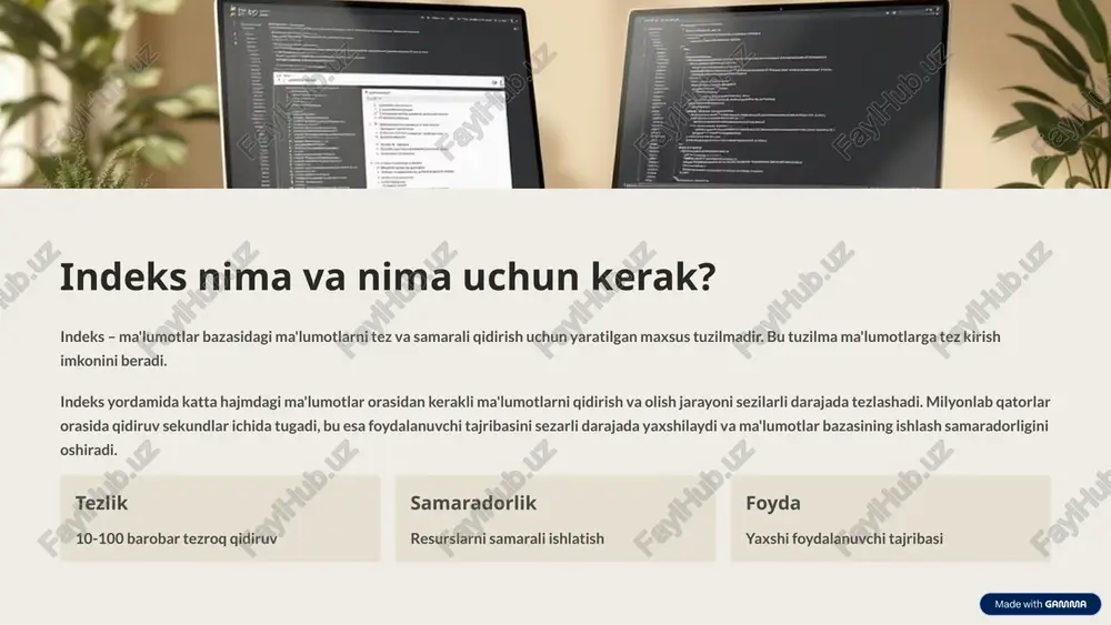 "abdullayev a.kh." 03 tezkor natija indeks orqali o'n minglab kitob bir millisekundda topiladi. 5 murakkab indeks misoli: onlayn do'konida mahsulotlarni qidirish onlayn do'konlarda foydalanuvchilar ko'pincha bir nechta parametrlar bo'yicha qidiruv qiladilar: mahsulot turi, narx oralig'i, baholash va mavjudligi. tur va narx tur va narx ustunlari bo'yicha birgalikda indeks tuziladi. murakkab so'rovlar "elektronika" turida 1000-5000 so'm narxda mahsulotlarni topish tez amalga oshadi. foyda foydalanuvchi sekundlar ichida o'z ehtiyojidagi mahsulotlarni topadi. murakkab indekslar onlayn savdoni yanada samarali va foydalanuvchi-dostvand qiladi. 6 indekslardan foydalanish samaradorligi indekslar ma'lumotlar bazasining samaradorligini dramatik darajada oshiradi. miqdoriy ko'rsatkichlar bu faydasini aniq ko'rsatadi. 10-100x qidiruv tezligi indeks bilan indekssiz qidiruv vaqti 95% foydalanuvchi qoniqish tez javob vaqti tufayli 50% resurs iqtisodi cpu va xotira ishlatishini kamaytirish ammo indeks yaratish va yangilash jarayoni resurslarga talab qiladi. katta indekslar xotira masofasini iste'mol qiladi va ma'lumotlar qo'shilganda yangilanishi kerak. 7 indeks yaratishda e'tibor beriladigan jihatlar samarali indeks yaratish strategiyasi ma'lumotlar bazasining …