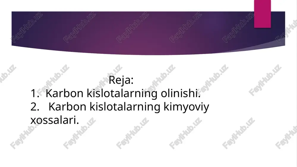 eaksiyalar. kislotalik xossalari ishqorlar, metallar, asosli oksidlar bilan reaksiyalar. karboksil guruhidagi h atomi hisobiga. vodorod bog» lanishi tufayli kislotalik kuchliroq bo» ladi. karboksil guruhidagi reaksiyalar esterifikatsiya reaksiyasi asosiy e'tibor markazida. spirtlar bilan qaytariladigan reaksiya mexanizmini tahlil qilish. radikal bo»yicha reaksiyalar galogenlash (gel-volxard-zelinskiy reaksiyasi) va undan olingan mahsulotlarning ahamiyati. alfa ugleroddagi faollikni tushuntirish karbon kislotalarning o’ziga xos xossalari galogenlar bilan reaksiyalari 1.ch3cooh+cl2→ch2clcooh+hcl 2.ch2clcooh+cl2 →chcl2cooh+hcl 3.chcl2cooh+cl2 → ccl3cooh+hcl karbon kislotalarning o’ziga xos xossalari spirtlar bilan o’zaro reaksiyalari ch3cooh+ho-ch2-ch3→ch3-cooch2-ch3+h2o etilatsetat hcooh+ho-ch2-ch3 →hcooch2-ch3+h2o etilformiat e’tiboringiz uchun tashakkur! image1.jpeg image2.emf image3.emf image4.emf image5.emf image6.png karbon kislotalarning olinishi: to’yingan karbon kislotalar olinadi: 1. spirtlarning oksidlanishidan 2. aldegidlarning oksidlanishidan 3. uglevodorodlarning oksidlanishidan karbon kislotalarning boshqacha olinish usullari ham bor: video 2) radikal tabiatiga qarab: ● to’yingan – propion k-ta ● to’yinmagan– akril k-ta ● aromatik – benzoy k-ta karbon kislotaning izomerlanishi sn 3 -sn 2 -sn 2 -soon sn 3 -sn-soon l sn 3 karbon kislotalarda qanday …
