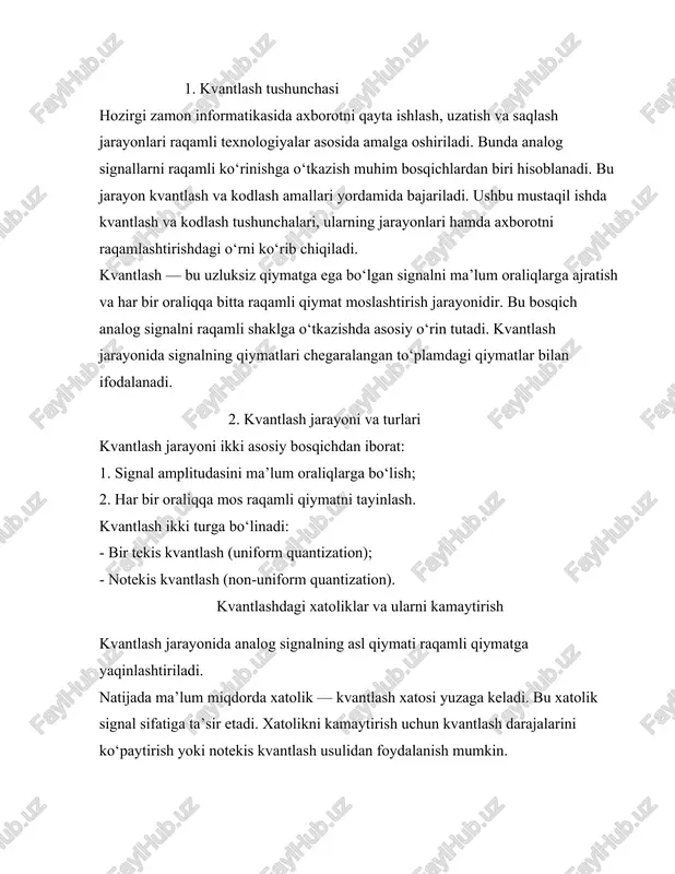 un qo‘llaniladi. masalan, ascii kodi matnli axborot uchun, gray kodi esa signal kodlashda ishlatiladi. kodlash nazariyasi — kodlarning xususiyatlari va qoʻyilgan maqsadga erishish uchun ularning mosligi haqidagi fandir. nazariya doirasida kodlash faqat bevosita foydalanish uchun maʼlumotlarni qulay shakldan uzatish, saqlash, avtomatik qayta ishlash va ruxsatsiz kirishdan saqlash uchun qulay shaklga aylantirish jarayoni sifatida koʻriladi. nazariyaning asosiy muammolariga birma-bir kodlash va muayyan sharoitlarda aloqa kanali realizatsiyasi murakkabligi masalalari kiradi; shuning munosabati bilan quyidagi yoʻnalishlar ajralib turadi: maʼlumotlarni siqish — ular egallagan hajmni kamaytirish maqsadida amalga oshiriladigan maʼlumotlarni algoritmik oʻzgartirish maʼlumotlarni saqlash va uzatish tizimlaridan yanada oqilona foydalanish uchun ishlatiladi, asosiy ish usuli — dastlabki maʼlumotlardagi ortiqchalikni yoʻq qilish (masalan, matnda soʻzlarning takrorlanishi); transport kodlash — informatikada maʼlumot uzatish protokollari bilan muvofiqlashtirish uchun qoʻshimcha kodlash qoʻllanadi; kriptografiya — maxfiylikni (maʼlumotni begona shaxslar oʻqiy olmasligi), maʼlumotlarning yaxlitligini (maʼlumotni sezdirmasdan oʻzgartirishning imkonsizligi), autentifikatsiyani (muallifning haqiqiyligini yoki obʼektning boshqa xususiyatlarini tekshirish), shuningdek mualliflik huquqini rad …