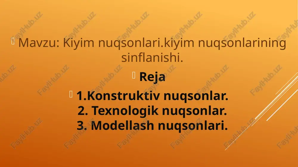 jasida konstruktiv chiziqlar shakli buzilganda namoyon bo'ladi. detallar qirqimi biriktirishda kam kirishtirilsa yoki yetarli cho‘zilmasa, choklar qiyshaysa, paketni tuzuvchi astar va qotirma detallar bir-biriga shakli va tanda ipining yo‘nalishida mos kelmasa, tikish texnologiyasining nuqsonlari paydo bo’ladi. shakl hosil qilish uslubining buzilishi namlab-isitib ishlov berishda namoyon bo’ladi. modellash nuqsonlari konstruktiv nuqsonlar olti guruhga bo’linadi: 1. gorizontal taxlamalar detaining gorizontal yo‘nalishda torligi yoki vertikal yo'nalishda uzunligi natijasida paydo boiadi. 2. vertikal taxlamalarni detaining gorizontal yo’nalishda kengroqligi yoki vertikal yo'nalishda kaltaroqligi hosil qiladi. 3. qiya taxlamalar detaining diagonal yo‘nalishda kichikroqligi natijasida, tor joylarda har xil yo‘nalgan kuchlar ta’siri ostida hosil boiadi. 4. burchak gijimlarining sababi shakl hosil qilishda biriktirilgan detallar konturining egriligi bir-biriga nomosligidandir. bo‘rtiq kamligidan detal ichiga tortiladi, konturi atrofida esa solqilik kuzatiladi. botiqlik darajasi yetmasa, detal ichi solqisimon boiib, cheti tortiladi. 5. balans buzilishi biriktiriladigan detallar uzunligi tengsizligidan yoki biriktirish vaqtida bir-biriga nisbatan qiyshiq o‘rnatilishidan kelib chiqadi. ushbu nuqsonlar turi kiyim …