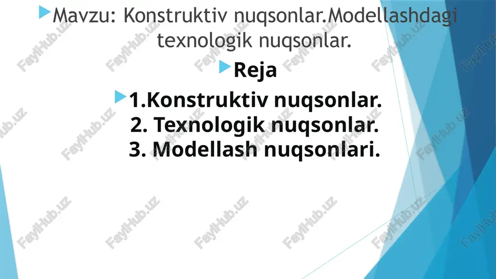ishda uzunligi natijasida paydo boiadi. 2. vertikal taxlamalarni detaining gorizontal yo’nalishda kengroqligi yoki vertikal yo'nalishda kaltaroqligi hosil qiladi. 3. qiya taxlamalar detaining diagonal yo‘nalishda kichikroqligi natijasida, tor joylarda har xil yo‘nalgan kuchlar ta’siri ostida hosil boiadi. 4. burchak gijimlarining sababi shakl hosil qilishda biriktirilgan detallar konturining egriligi bir-biriga nomosligidandir. bo‘rtiq kamligidan detal ichiga tortiladi, konturi atrofida esa solqilik kuzatiladi. botiqlik darajasi yetmasa, detal ichi solqisimon boiib, cheti tortiladi. 5. balans buzilishi biriktiriladigan detallar uzunligi tengsizligidan yoki biriktirish vaqtida bir-biriga nisbatan qiyshiq o‘rnatilishidan kelib chiqadi. ushbu nuqsonlar turi kiyim muvozanatini buzib, uni spiralsimon aylantirib qo‘yadi. 6. dinamik nomoslik nuqsonlari odam harakatida namoyon boiadi e`tiboringiz uchun rahmat! image1.png image2.png image3.png image4.png image5.png /docprops/thumbnail.jpeg