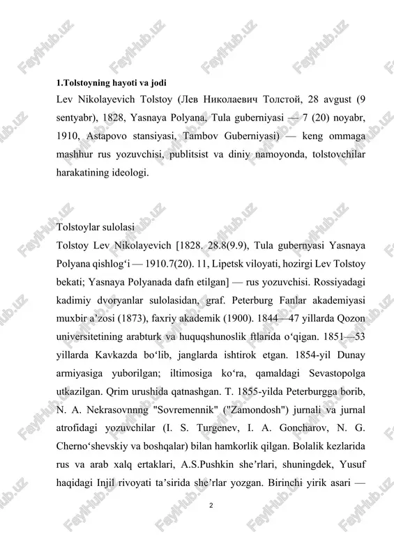 qiladi. t. ijodida shakllana boshlagan bu ijodiy tamoyil "kazaklar" qissasi (1863)da, ayniqsa, yaqqol koʻrinadi. bu asarda oʻz inʼikosini topgan xalq hayoti mavzui va voqelikning epik tasviri t.ning 60-yillar ijodida yanada teranlashadi. rus va jahon adabiyoti xazinasidan mustahkam oʻrin olgan "urush va tinchlik" (1863—69) epopeyasi t. ning 60-yillarda ijodiy kamolotga erishganidan shahodat beradi. ayrim sovet adabiyotshunoslari garchand bu asarni t.ning oʻz davri muammolaridan qochishi, deb baholagan boʻlsalarda, yozuvchi "urush va tinchlik" romani bilan oʻz davrida roʻy bergan va oʻzi shaxsan guvoh boʻlgan voqealarga faol munosabat bildirgan. eng muhimi, u napoleonning 1805—07 va 1812—14 yillardagi harbiy yurishlari mavzuiga murojaat etib, koʻplab qahramonlar ishtirok etgan epik voqealar bilan birga qahramonlarning ruhiy tasvirlari ilk bor katta mahorat bilan uygʻunlashgan tarixiy roman janrini yaratdi. holbuki, 19-asr oʻrtalarida epik asarlar davri utdi, degan fikrlar keng tarqalgan, 60-yillarda rus jamiyatida kuch ola boshlagan sinfiy ziddiyat va kurashlar esa "urush va tinchlik"dek epopeyaning maydonga kelishi uchun unumli zamin …