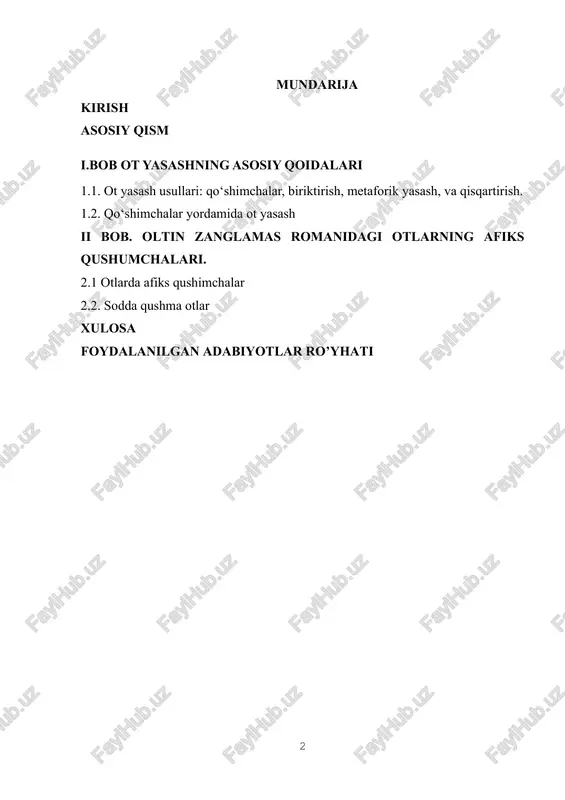 , va shuhratning "oltin zanglamas" romani haqida qisqacha tanishuv. kurs ishining vazifalari: yuqorida qayd etilgan maqsadlarimizdan kelib chiqib: 1. o‘quvchilar o‘zbek tilida ot yasashni o‘rganish jarayonida o‘zlarining qo‘shimchalar, biriktirish, va metaforik yasash usullarini ishlatish va ularni amaliy ko‘rib chiqishlari, shuningdek "oltin zanglamas" romanining bir qismasini o‘zlarining xalqaro tarjimada qo‘llash orqali o‘zlarining yozuvchi ko‘nikmalarini rivojlantirishadi. 2. roman ustida o‘quvchilar tez-tez munozara qilish, asar tahlil qilish va uning tafsilotlarini tushunish orqali o‘zbek tilida ot yasashni yanada chuqur tushunishlari mumkin. 3. o‘quvchilar o‘zbek tilida ot yasashni o‘rganish uchun amaliy mashg‘ulotlar bilan ta’minlanishi. ular o‘zbek tilida gaplashish, yozishish va o‘qishish jarayonida yangi so‘zlar yaratish va ularni jumlalar ichida qo‘llashni o‘rganishadi. kurs ishining mazmuni: u kirish, asosiy qism, to’rt reja, xulosa va foydalanilgan adabiyotlar ro’yxatidan iborat. i.bob ot yasashning asosiy qoidalari 1.1. ot yasash usullari: qo‘shimchalar, biriktirish, metaforik yasash, va qisqartirish. ot — mustaqil soʻz turkumlaridan biri. u boshqa turkumlardan bir necha belgi — xususiyatlari …