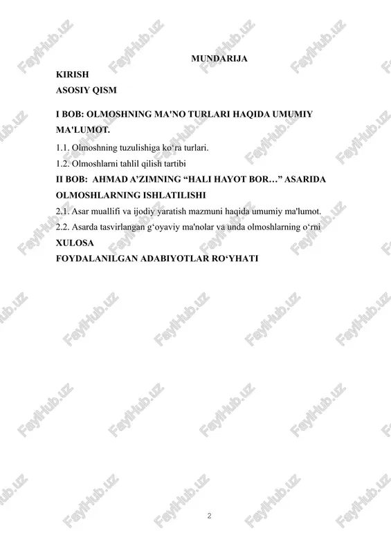 diy va o‘zgaruvchan, qiyosiy va orttirma darajadagi sifatlar va hokazo. kurs ishining vazifalari: 1.“galaktikada bir kun” asaridagi sifatlarning sintaktik xususiyatlarini aniqlash. 2.asardagi sifatlarning morfologik va uslubiy jihatlarini tahlil qilish. 3,sifatlarning asarda obraz yaratishdagi rolini ochib berish. kurs ishining mazmuni: u kirish, asosiy qism, to‘rt reja, xulosa va foydalanilgan adabiyotlar ro‘yxatidan iborat. i bob: olmoshning ma'no turlari haqida umumiy ma'lumot. 1.1. olmoshning tuzulishiga ko‘ra turlari. olmosh (lotincha: pronomen) — ot, sifat, son oʻrnida qoʻllanuvchi mustaqil soʻz turkumi. olmoshlarning asosiy maʼnosi va qaysi soʻz turkumi oʻrnida qoʻllanishi matnda oydinlashadi. olmoshlarning maʼnosi noaniq va umumiy boʻladi. maʼno va grammatik xususiyatlariga koʻra, olmosh umumlashgan predmet (olmosh - ot: men, sen, u, kim, nima, hech kim, hech nima), umumlashgan belgi (olmosh - sifat: bu, shu, oʻsha, qaysi, allaqanday, hech qanday), umumlashgan miqdor (olmosh - son: qancha, necha, shuncha, oʻshancha) bildi-ruvchi olmoshlarga boʻlinadi. olmoshlar noaniqligi, soʻz yasalishining yoʻqligi bilan boshqa soʻz turkumlaridan farqlanadi. olmoshlar maʼno va …
