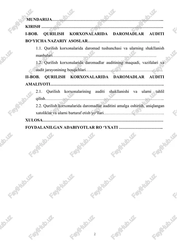 shu bois, audit orqali bu daromadlarning qonuniyligi, asoslanganligi va moliyaviy hisobotlarda to‘g‘ri aks ettirilishini ta’minlash dolzarb masalalardan biridir. kurs ishining maqsadi: tadqiqotning asosiy maqsadi – qurilish korxonalarida daromadlarning shakllanishi, ularning buxgalteriya hisobi va auditini o‘rganish, auditorlik tekshiruvi davomida yuzaga keladigan muammolarni aniqlash va ularni hal etish bo‘yicha ilmiy va amaliy tavsiyalar ishlab chiqishdan iborat. kurs ishining ob’ekti tadqiqot obyekti sifatida qurilish sohasida faoliyat yurituvchi korxonalar, ularning buxgalteriya hujjatlari, moliyaviy hisobotlari hamda audit jarayoni tanlangan. kurs ishining predmeti ushbu ishning predmeti – qurilish korxonalarida daromadlarni shakllanishi va ularni audit qilishga oid uslubiyot, tamoyillar va nazorat mexanizmlaridir. kurs ishining vazifalari 1. qurilish korxonalarida daromadlar tushunchasini ochib berish; 2. daromadlarning shakllanish manbalarini aniqlash; 3. qurilish korxonasining moliyaviy hisobotlari asosida daromadlar tuzilmasini tahlil qilish; 4. daromadlarning buxgalteriya hisobida aks ettirilishini o‘rganish; 5. audit jarayonida qo‘llaniladigan metodlarni tahlil qilish; 6. aniqlangan xatolik va kamchiliklarni tahlil qilish; 7. ularni bartaraf etish bo‘yicha ilmiy va amaliy takliflar …