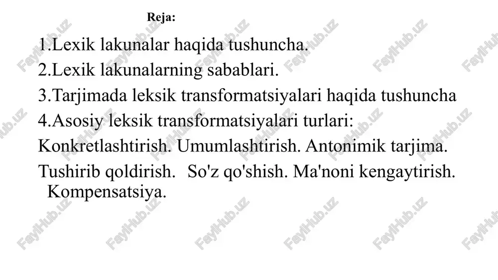 chilarga boshqa tilda gapirishda yoki yozishda qiyinchilik tug'dirishi mumkin bo'lgan jihatlarni aniqlashga yordam beradi. ⦁ madaniyatlararo muloqot: lakunalar turli madaniyat vakillari o'rtasidagi muloqotda tushunmovchiliklarga olib kelishi mumkinligini ko'rsatadi. tilshunoslik tadqiqotlari: lakunalarni o'rganish tillarning tuzilishi va rivojlanishi haqida ko'proq ma'lumot olishga yordam beradi. lakunalarni bartaraf etish usullari: tarjimada lakunalarni bartaraf etish uchun turli xil usullar qo'llaniladi: ⦁ so'zma-so'z tarjima (kalka): masalan, inglizcha "skyscraper" so'zini o'zbekchada "osmono'par bino" deb tarjima qilish. ⦁ tushuntirish: lakunani tushuntirish orqali uning ma'nosini yetkazish. ⦁ moslashtirish: tarjima tilidagi eng yaqin so'z yoki ibora bilan almashtirish. ⦁ kompensatsiya: tarjimada yo'qotilgan ma'noni boshqa joyda to'ldirish. lakunalogiya tilshunoslikning nisbatan yangi sohasi bo'lsa-da, u tillar o'rtasidagi farqlarni tushunish va madaniyatlararo muloqotni yaxshilash uchun muhim ahamiyatga ega. jahon tilshunosligida bu tushuncha tilning leksik tizimidagi «oq dog‘lar», «ochiq joy» «bo‘shliqlar», «bo‘sh joylar», «muqobilsizlik», «antiso‘z», «yo‘qlik» ma’nosini ifodalovchi so‘zlar orqali ifodalangan. tilda ifodalanadigan, nomlanadigan tushuncha semema, ya’ni “ma’no” maqomiga ega bo‘ladi. lakunalar esa til …