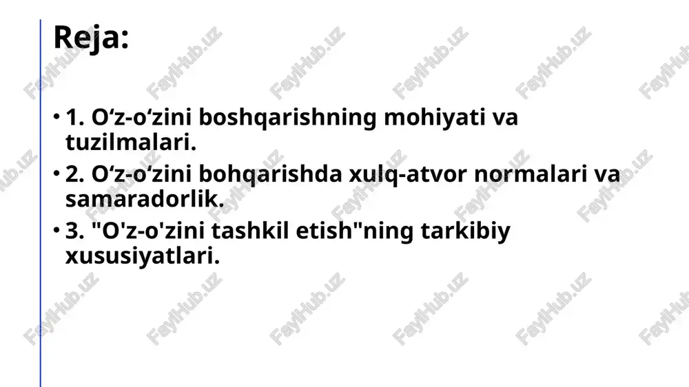 tni to‘g‘ri yo‘lga solish uchun xizmat qiladi. axloqiy ma’nodagi o‘zini o‘zi boshqarish odamlardagi nafsni jilovlash, salbiy oqibatlarga olib keladigan xatti-harakatlarning oldini olish, individning o‘zini o‘zi boshqarishi, axloqning insonparvar me’yorlarini hayotga tatbiq etish kabi masalalarni hal etishga qaratilgani bilan muhimdir. o'z-o'zini boshqarishni qachon tanlash kerak? o'z-o'zini boshqarish siz uchun to'g'ri yondashuvmi yoki yo'qligini hal qilish bir necha omillarga bog'liq va o'rganishning aniq maqsadi yoki kontekstiga qarab farq qilishi mumkin. o'z-o'zidan o'rganish ayniqsa foydali bo'lishi mumkin bo'lgan ba'zi holatlar: qiziqish va ishtiyoq: an'anaviy ta'lim takliflaridan tashqarida bo'lgan mavzu sizni o'ziga jalb qiladimi? vaqtning moslashuvchanligi: jadvalingiz moslashuvchanlikni ta'minlaydimi, bu sizga o'zingizga mos keladigan vaqtda o'quv materiallari bilan shug'ullanish imkonini beradimi? ko'nikmalarni oshirish uchun talablar: shaxsiy yoki professional o'sish uchun darhol ega bo'lishingiz yoki takomillashtirishingiz kerak bo'lgan ko'nikmalar bormi? qiziqish va ichki motivatsiya: haqiqiy qiziqish sizni standart o'quv materiallaridan tashqari mavzularni o'rganishga undaydimi? samarali o'zini o'zi boshqarish samarali o'zini o'zi boshqarish - uzoq muddatli …