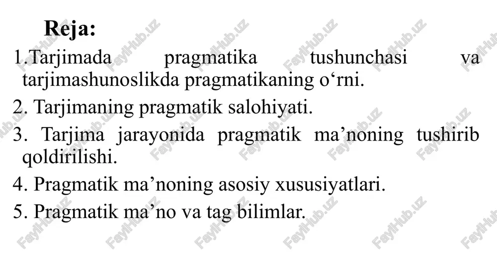 ilshunosligida pragmatikaning britaniya va amerika maktablari shakllandi. bu maktablar gap strukturasi va grammatikasini deyktik ifodalashga yo‘naltirilgan edi. pragmatik ma’noning ta’siri bayon mazmuni va shakli uyg‘unligida namoyon bo‘ladi. tarjima jarayonida pragmatik ma’noning ma’lum qismi tushib qolishi mumkin. noytbertning fikricha, pragmatik ma’noning tarjimaga ko‘chishi quyidagicha sodir bo‘ladi: 1) tarjimaga ko‘chishning yuqori darajasi (ilmiy-texnikaviy adabiyot va h.k.); 2) tarjimaga cheklovlar bilan ko‘chish (boshqa til vakillari uchun informatsion-analitik materiallar tayyorlashda); 3) asliyat pragmatikasining deyarli tarjimaga ko‘chmaslik holati (matn muayyan til vakillarigagina qaratilgan bo‘lsa); katrin raysning ta’biricha, pragmatik ma’noni alohida yetkazib berish imkoni yo‘q. tarjima buyurtmachining manfaatlariga mos kelishi kerak. ko‘rinadiki, pragmatika – bu til jamoasining til birliklariga bo‘lgan sub’ektiv munosabati. ularning bu munosabatdagi komponentlari xususiyatlari tilning paragmatik xususiyati tushunchasini keltirib chiqaradi. ta’kidlash joizki, tilshunoslikdagi pragmatika tushunchasi faqatgina til birikmalarining pragmatikasi tushunchasini o‘z ichiga olmaydi. bu tushuncha ancha keng bo‘lib, u yoki bu tilning kommunikativ jarayon ishtirokchilari va voqea syujeti xilma-xilligi hamda ishtirokchilarning malakasiga ham …