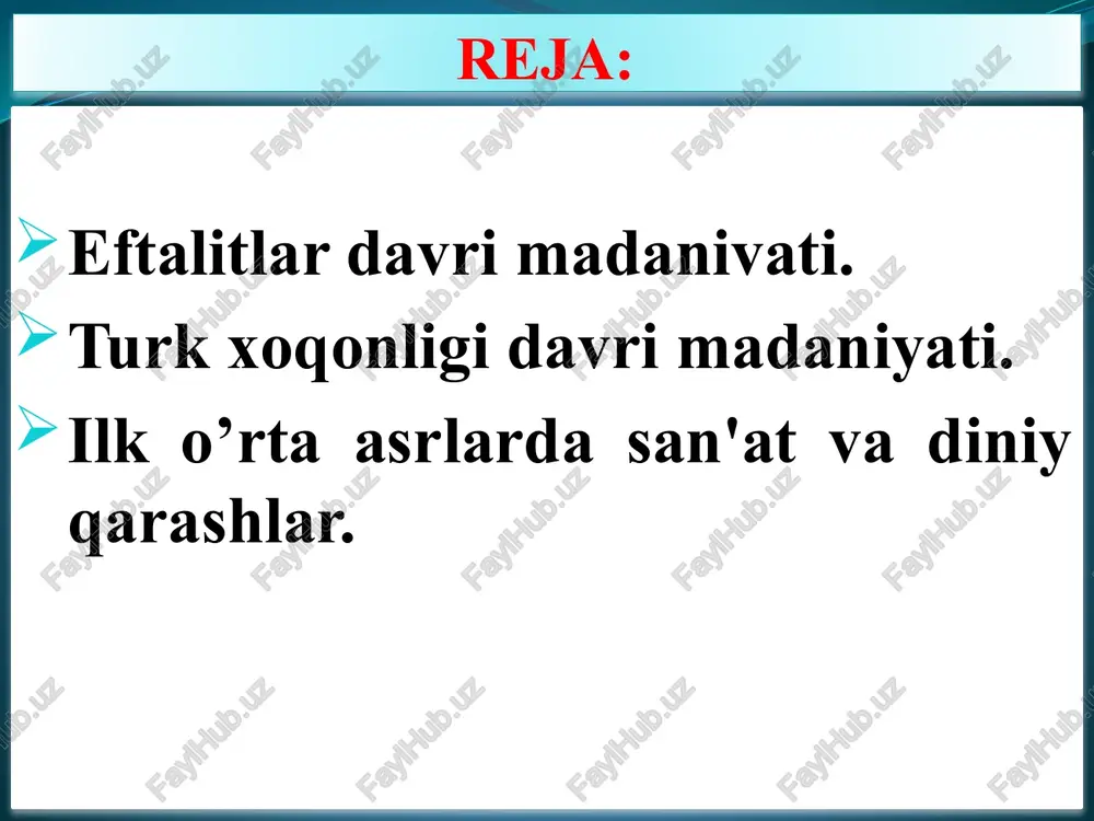 ma`muniylar-995-1017, oltintoshlar-1017-1034, anushteginlar - 1097-1231. kidariylar va xioniylar haqidagi ma'lumotlar xitoyning beyshi solnomasi prisk paniyskiy k.enoki – yapon olimi a.bivar – hind olimi s.k.kabanov l.n.gumilyov k.trever eftalitlarning qisqa muddat ichida kuchli davlat barpo etishida birinchidan, barcha qabila-urug'larning azaliy an'analariga qat'iy bo'ysunishi, ikkinchidan, umumqabila uchun qabul qilingan huquq va axloq me'yorlarini buzganlarga ko'riladigan jazoning qat'iy qilib qo'yilganligi, uchinchidan, ko'chmanchi va yarimko'chmanchi hayot kechiruvchi qabilalarning jangarilik xarakteri muhim rol o'ynagan. eftalitlarning kuchli davlatga ega bo'la borishi ularning o'troqlashuviga olib kelgan, sun'iy sug'orish shoxobchalari kengayib, dehqonchilik madaniyati yuksala borgan qalin mudofaa devorlari bilan o'ralgan istehkomli qal'alar, qo'rg'onlar soni tezlik bilan ko'paygan amudaryo, surxondaryo, qashqadaryo, zarafshon va chirchiq daryolari bo'ylarida dehqonchilik rivojlanadi chorvachilik va dehqonchilik rivojlanib, sun'iy sug'orish tizimlari qurilishi avj oladi kulolchilik, chilangarlik, shisha ishlab chiqarish, bo'zchilik va sarrojlik, zargarlik va qurolsozlik yuksaladi eftalitlar davrida mamlakatning iqtisodiy taraqqiyoti nafaqat mamlakatning madaniy hayotiga, balki unga chegaradosh bo’lgan boshqa davlatlar va mintaqalar bilan bo'ladigan madaniy …