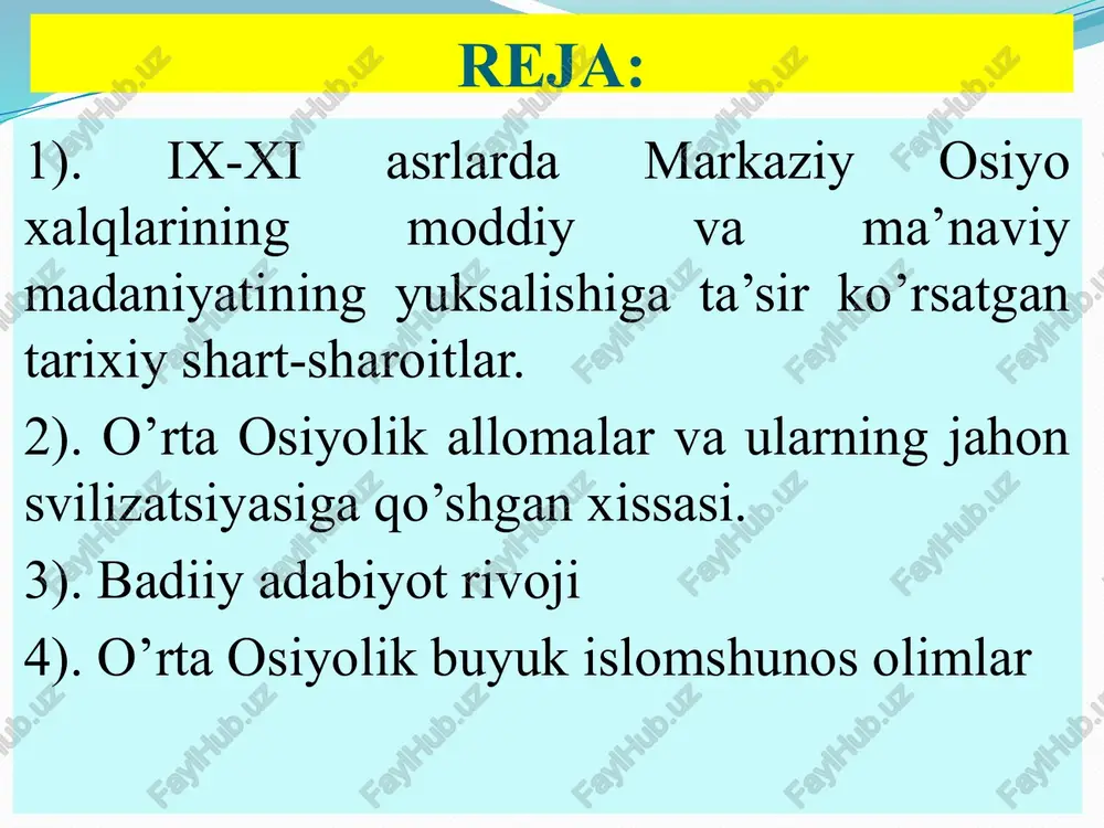 rvar shohlarning olimlarga g'amxo'rligi aniq va ijtimoiy fan sohalarining uyg'unlashuvi, ilmiy ijodiy safarlar o'rta osiyoda birinchi uyg'onish davrining kelib chiqish omillari ix-xii asrlar ix-xii asrlarda mavjud bo'lgan ilm ma'rifat markazlari 1. “bayt ul-hikma” – bag'dodda viii asrning oxiri (rahbari al xorazmiy ) 2. “ma'mun akademiyasi” – 1010 yil urganchda (rahbari al beruniy) markaziy osiyoning ijtimoiy-iqtisodiy va madaniy taraqqiyotida yuksak muvaffaqiyotlarga erishishda axmad nasr, ismoil somoniy, alptakin, mahmud g'aznaviy, tug'rulbek, sulton sanjar, otsiz, anushtegin, takash va shoh ma'munlar katta hissa qo'shdi. ix-xii asrlarda sharqda ilm-fan va madaniyat markazlari buxoro samarqand urganch marv bag'dod kufa qoxira basra damashq ma’mun akademiyasi xorazmshox ma’munning o’g’li ali ibn ma’mun taklifi bilan 1004 yilda (ko’xna urganch) “dor ul-hikma va maorif” nomli ilmiy muassasa shakllandi. bu yerga ibn iroq va beruniyning takliflari bilan har tarafdan olimlar kela boshlagan. bu yerda ilmning barcha sohalari bo’yicha ilmiy izlanishlar olib borilgan. yunon tillaridan tarjimalar ham qilingan. 18 asr fransuz ensiklopedistlari …