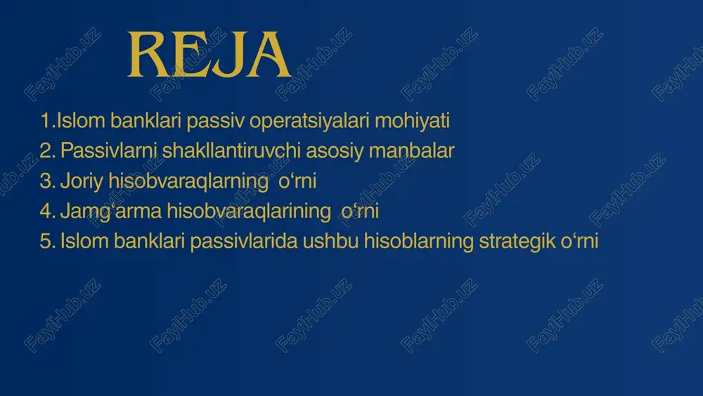 or, uzoq muddatli resurs yig‘ish; commodity murabaha / tawarruq: qisqa muddatli likvidlikni ta’minlash mexanizmi. bu hisoblar mijozlar tomonidan kundalik moliyaviy operatsiyalar uchun ochiladi. uning asosiy xususiyatlari: mijoz xohlagan vaqtda mablag‘ni yechib olishi mumkin.bank ushbu mablag‘ni qarz (qard hasan) sifatida oladi.mijozga foiz yoki kafolatli daromad to‘lanmaydi.bank ushbu mablag‘ni to‘lovlar, likvidlik va qisqa muddatli investitsiyalarda ishlatadi. amaliy misol: dubai islamic bank joriy hisob egalariga foizsiz, lekin xizmat imtiyozlari (bepul o‘tkazmalar, mobil banking) taklif qiladi. afzalliklar: mablag‘ xavfsiz saqlanadi; shariatga to‘la mos; elektron va raqamli to‘lovlar uchun qulay. mijozlar depozitlari moliyaviy institutlardan jalb qilingan mablag‘lar huquqiy va shartnomaviy mohiyat islom banklarida joriy hisobvaraqlar (current accounts) mijozlar tomonidan qisqa muddatli va talabga binoan yechib olish mumkin bo‘lgan omonatlar sifatida ochiladi. bu omonatlar foiz keltirmaydi, chunki ular shariatga muvofiq qarz (qard hasan) sifatida baholanadi. mijoz bankka o‘z mablag‘ini qarz sifatida beradi; bank bu mablag‘ni ishlatish huquqiga ega, ammo foiz yoki foyda to‘lamaydi; bank mijozga mablag‘ni …