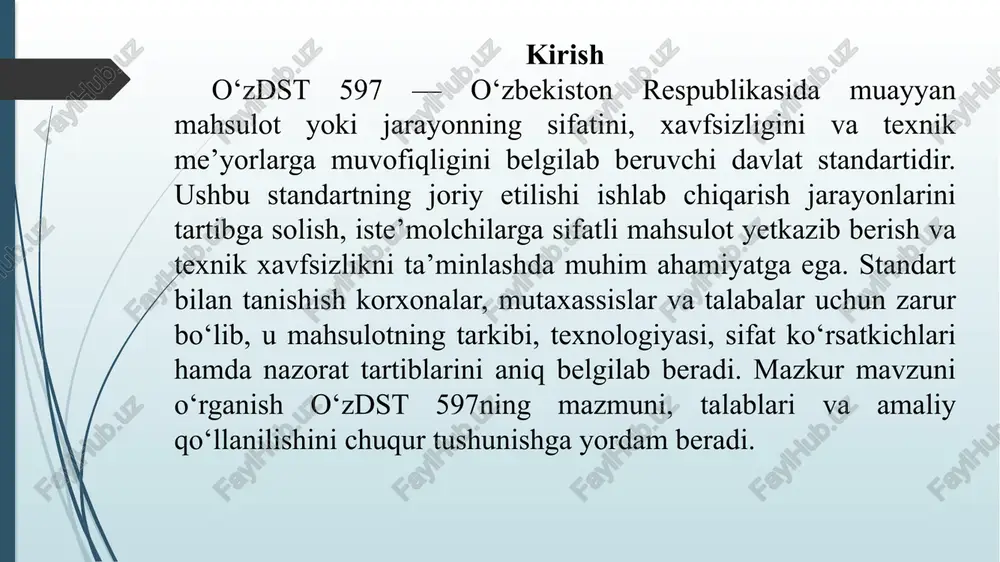 2. standartning asosiy talablari va me’yorlari o‘zdst 597 standartining asosiy talablari mahsulot sifatini, xavfsizligini va texnik ko‘rsatkichlarning barqarorligini ta’minlashga qaratilgan bo‘lib, u ishlab chiqarish jarayonining barcha bosqichlariga qat’iy me’yorlar kiritadi. standartda birinchi navbatda mahsulotning fizik-kimyoviy xususiyatlari, ya’ni uning tarkibi, namlik darajasi, zichligi, texnologik ko‘rsatkichlari, saqlanish muddati kabi ko‘rsatkichlar aniq belgilab qo‘yiladi. bu talablar mahsulotning sifat darajasini bir xil holatda ushlab turish va ishlab chiqaruvchi korxonalar o‘rtasida yagona mezon yaratishga xizmat qiladi. ikkinchi muhim talab — bu gigiyenik va sanitariya me’yorlari. standart mahsulotning inson salomatligiga zarar yetkazmasligi uchun zarur bo‘lgan talablarni, jumladan, zararli moddalarning ruxsat etilgan eng yuqori miqdori, mikrobiologik ko‘rsatkichlar, saqlash sharoitlari va ekologik xavfsizlik masalalarini belgilaydi. ushbu me’yorlar ayniqsa oziq-ovqat, kimyo, farmatsevtika va maishiy mahsulotlar uchun dolzarbdir. uchinchi yo‘nalish — texnologik va ishlab chiqarish talablaridan iborat bo‘lib, unda mahsulotni ishlab chiqarishda ishlatiladigan uskunalar, texnologik jarayonlarning davomiyligi, harorat rejimi, ishlab chiqarish bosqichlari va nazorat mexanizmlari ko‘rsatib o‘tiladi. bu me’yorlar ishlab …
