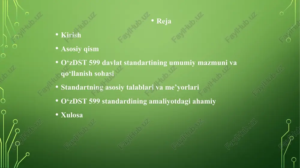 aniq talablarga ega. standart quyidagi asosiy me’yor va talablarni o‘z ichiga oladi: texnik talablar: mahsulotning ishlash ko‘rsatkichlari, chidamliligi, o‘lcham va shakli standartda belgilangan me’yorlarga mos kelishi kerak. har bir turdagi mahsulot uchun belgilangan parametrlar – masalan, og‘irlik, hajm, mustahkamlik va boshqa texnik ko‘rsatkichlar – sinov orqali tekshiriladi. xavfsizlik qoidalari: mahsulot va jarayonlar foydalanuvchi va ishchi xodimlar uchun xavfsiz bo‘lishi shart. ishlab chiqarish jarayonida ishlatiladigan texnika va asbob-uskunalar xavfsizlik talablariga mos bo‘lishi kerak. favqulodda vaziyatlarda zararni kamaytirish bo‘yicha me’yoriy qoidalar belgilangan. sifatni nazorat qilish: mahsulot va xizmatlar muntazam sinovdan o‘tkazilishi lozim. sinov natijalari standartda ko‘rsatilgan me’yorlarga mos kelishi kerak. mahsulot sifatining barqarorligini ta’minlash uchun ishlab chiqarish jarayonida monitoring va nazorat tizimi yo‘lga qo‘yiladi. hujjatlashtirish va ma’lumot berish: mahsulot yoki xizmatning har bir partiyasi uchun sifat sertifikatlari va texnik hujjatlar tayyorlanadi. standartga muvofiqlikni tasdiqlovchi ma’lumotlar iste’molchi va nazorat organlari uchun mavjud bo‘lishi shart. amaliy qo‘llanilish: standart ishlab chiqaruvchilar, mutaxassislar va tekshiruv organlari …