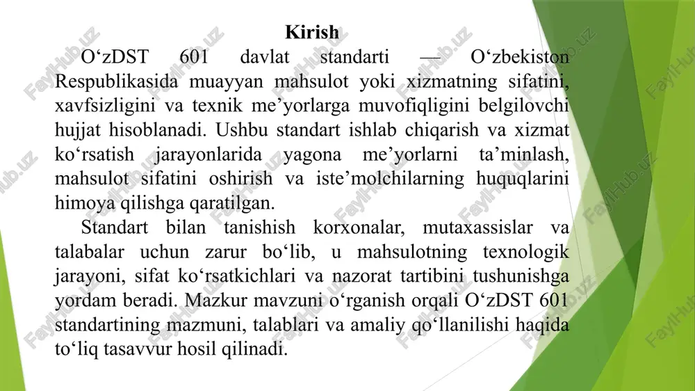 lotning sifatini oshirish, texnologik jarayonlarni takomillashtirish va iste’molchiga xavfsiz, ishonchli mahsulot yetkazib berishda yordam beradi. standartning joriy etilishi nafaqat ishlab chiqaruvchilar, balki iste’molchilar va jamiyat manfaatlarini ham ta’minlaydi. 2. standartning asosiy talablari va ko‘rsatkichlari o‘zdst 601 davlat standarti mahsulot yoki xizmatning sifatini va xavfsizligini ta’minlashga qaratilgan bir qator talab va me’yorlarni o‘z ichiga oladi. standartning birinchi guruhi talablar fizik-kimyoviy va texnik ko‘rsatkichlar bilan bog‘liq bo‘lib, u mahsulotning tarkibi, zichligi, namlik darajasi, o‘lchamlari, texnologik xususiyatlari va boshqa texnik parametrlarni aniq belgilaydi. ushbu talablar ishlab chiqaruvchilarga mahsulot sifatini barqaror darajada ushlab turish va yagona mezon asosida ishlab chiqarish imkonini beradi. ikkinchi guruh talablar gigiyena, xavfsizlik va ekologik me’yorlar bilan bog‘liq. standart mahsulotning inson salomatligiga zarar yetkazmasligini kafolatlaydi, shu jumladan zararli moddalar miqdori, mikrobiologik ko‘rsatkichlar, saqlash sharoitlari va atrof-muhitga ta’sirni belgilaydi. bu talablar oziq-ovqat, kimyo, farmatsevtika va maishiy mahsulotlar uchun ayniqsa muhimdir. uchinchi guruh — texnologik va ishlab chiqarish talablari. bu bo‘lim ishlab …