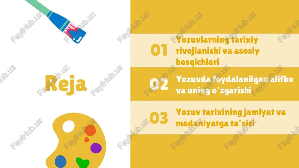 on-painting-wklhsoorvbg?utm_source=ai_slide_maker&utm_medium=referral o‘zbek yozuvi alifbosi o‘zbek yozuvida ishlatilgan alifbolar tarixiy rivojlanishda muhim rol o‘ynagan. arab yozuvi diniy matnlar uchun, latin yozuvi xalqaro aloqalar va ta'lim uchun, cyril yozuvi esa sovet davrida keng qo‘llangan. har bir alifbo o‘ziga xos o‘zgarishlar va rivojlanishlarni ko‘rsatadi. hozirgi kunda alifbo o‘zgarishlari madaniyat va texnologik rivojlanishda muhim ahamiyatga ega bo‘lib, milliy identitetingi va madaniy o‘zligini mustahkamlashda yordam beradi. photo by jaredd craig on unsplash https://unsplash.com/@jaredd?utm_source=ai_slide_maker&utm_medium=referral https://unsplash.com/photos/view-of-floating-open-book-from-stacked-books-in-library-hh4wbgnyltc?utm_source=ai_slide_maker&utm_medium=referral alifbo o‘zgarishlari tarixi o‘zbek yozuvida alifbo o‘zgarishlari xix asrda boshlangan. sovet davrida kiril alifbosi keng qo‘llangan, mustaqillikdan so‘ng esa lotin yozuvi joriy etildi. bu o‘zgarishlar ijtimoiy va madaniy hayotda muhim rol o‘ynadi va hozirgi zamonaviy o‘zbek alifbosining asosini tashkil etadi. alifbo o‘zgarishining sabablari siyosiy va madaniy omillar o‘zbek yozuvida alifbo o‘zgarishining asosiy sabablari siyosiy va madaniy omillarga bog‘liq. sovet davrida amalga oshirilgan alfavit o‘zgarishlari milliy identitetni tiklash va mustaqillikni mustahkamlash maqsadida amalga oshirilgan. bu o‘zgarishlar milliy madaniyat va yozuvning rivojlanishiga ta'sir …