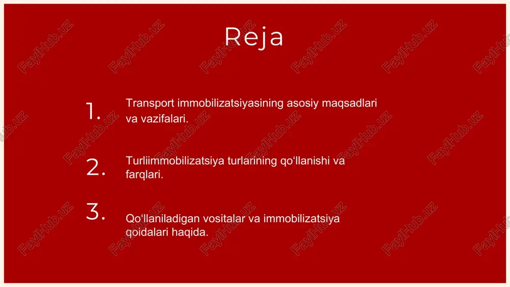m nazorat qilinadi, xavfsizlik ta’minlanadi. xavfsizlik va samaradorlik “ oyoq va qo‘l singanda, shina bilan fiksatsiya qilish eng keng tarqalgan immobilizatsiya usulidir. tibbiyot mutaxassisi 1 2 • • 3 transport immobilizatsiyasining shartli turlari shartli(oddiy) immobilizatsiya, maxsus vositalar bo'lmaganda qo‘l ostidagi buyumlar yordamidabajariladi.bu usul shikastlanganjoyniharakatdansaqlashvaqo‘shimcha shikastlanishlarni oldini olish uchun qo'llaniladi. misollar: qo‘l uchun tayoq, oyoqlar uchun taxta yoki gazeta, karton. masalan, bilak singanda qo‘l tirsakdan kaftgacha, oyoq singanda butun uzunligi bilan shina bilan o‘raladi. e'tiborli bo‘lish kerakki, immobilizatsiya tez va ehtiyotkorlik bilan bajarilishi, • muhim ahamiyatga ega. shikastlanganjoyharakatsizholatdafiksatsiyaqilinishimuhim.to‘g‘ritexnika transport immobilizatsiyasining standart turlari standart immobilizatsiya —maxsus vositalar bo'lmaganda, qo‘l ostidagi buyumlar yordamida (taxta, tayoq, gazeta) bajariladi. bu usul shikastlangan joyni harakatdan saqlash uchun qo‘llaniladi. tibbiyotda tayyor shinlar, pnevmatik yoki vakuumli immobilizatorlar yordamida bajariladi. bu usullar shikastlangan suyak va to‘qimalarni yaxshi fiksatsiya qilish imkonini beradi. pnevmatik va vakuumli splintlar havo yoki vakuum yordamida harakatni cheklash uchun ishlatiladi. ular qulay va tez o'rnatiladi, shuningdek, …